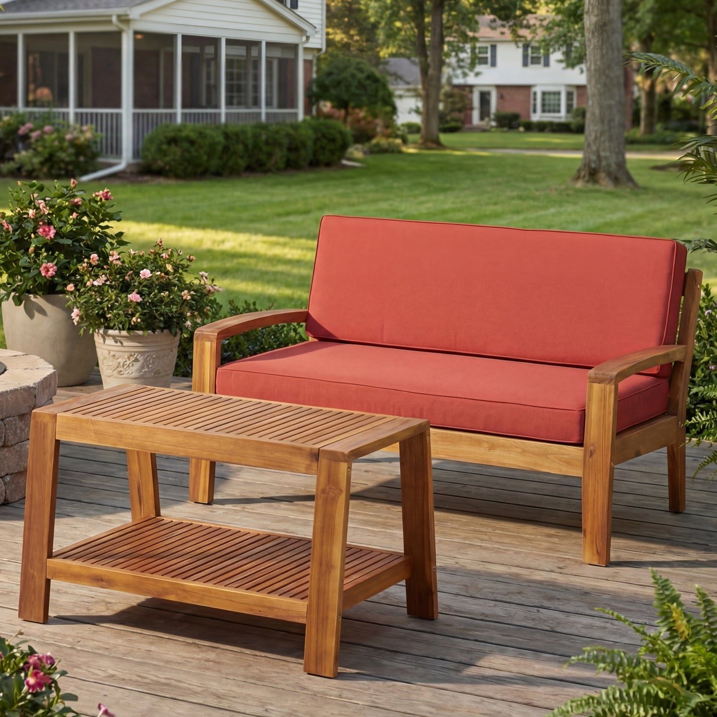 2-Piece Outdoor Teak Acacia Wood Conversation Set - Loveseat & Coffee Table with Red Water-Resistant Cushions, 350lbs Capacity for Patio, Deck & Backyard