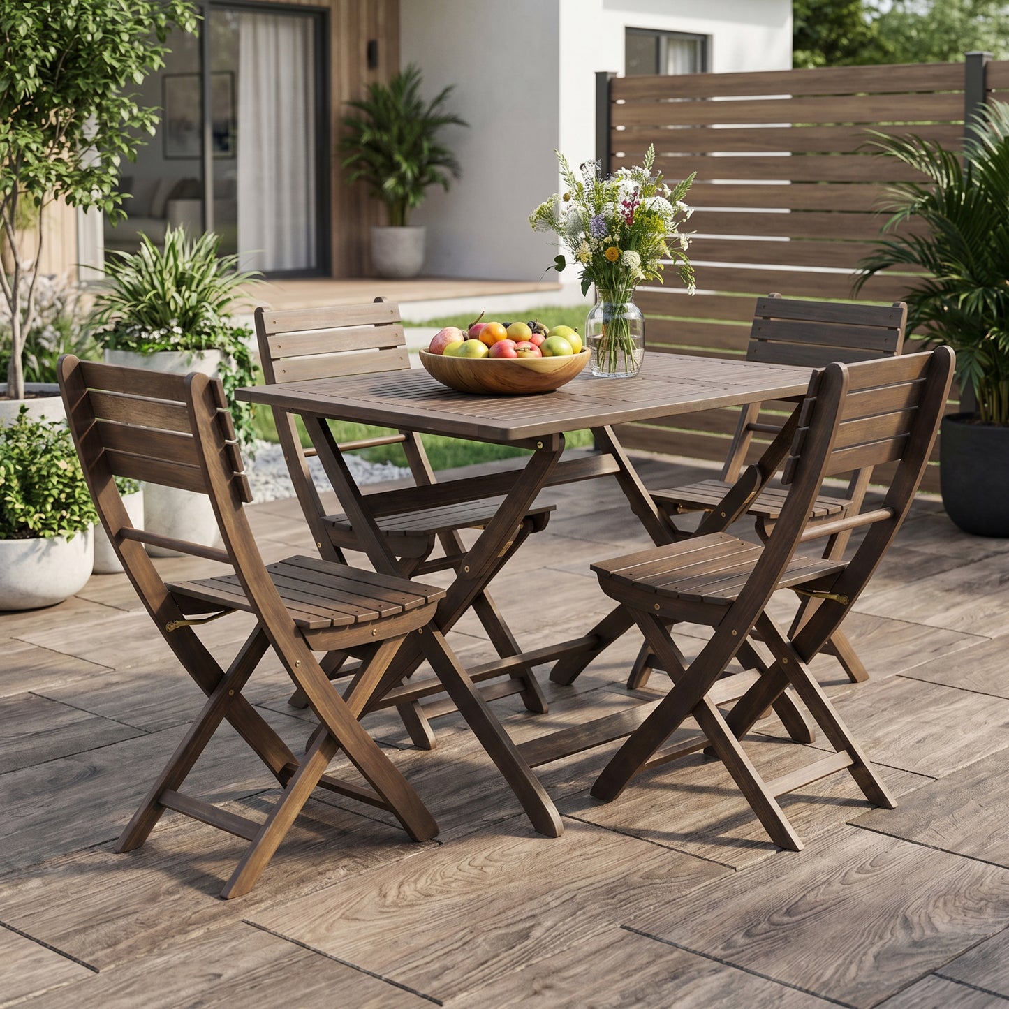 5-Piece Acacia Wood Outdoor Patio Dining Set,Foldable Dining Set,Grey