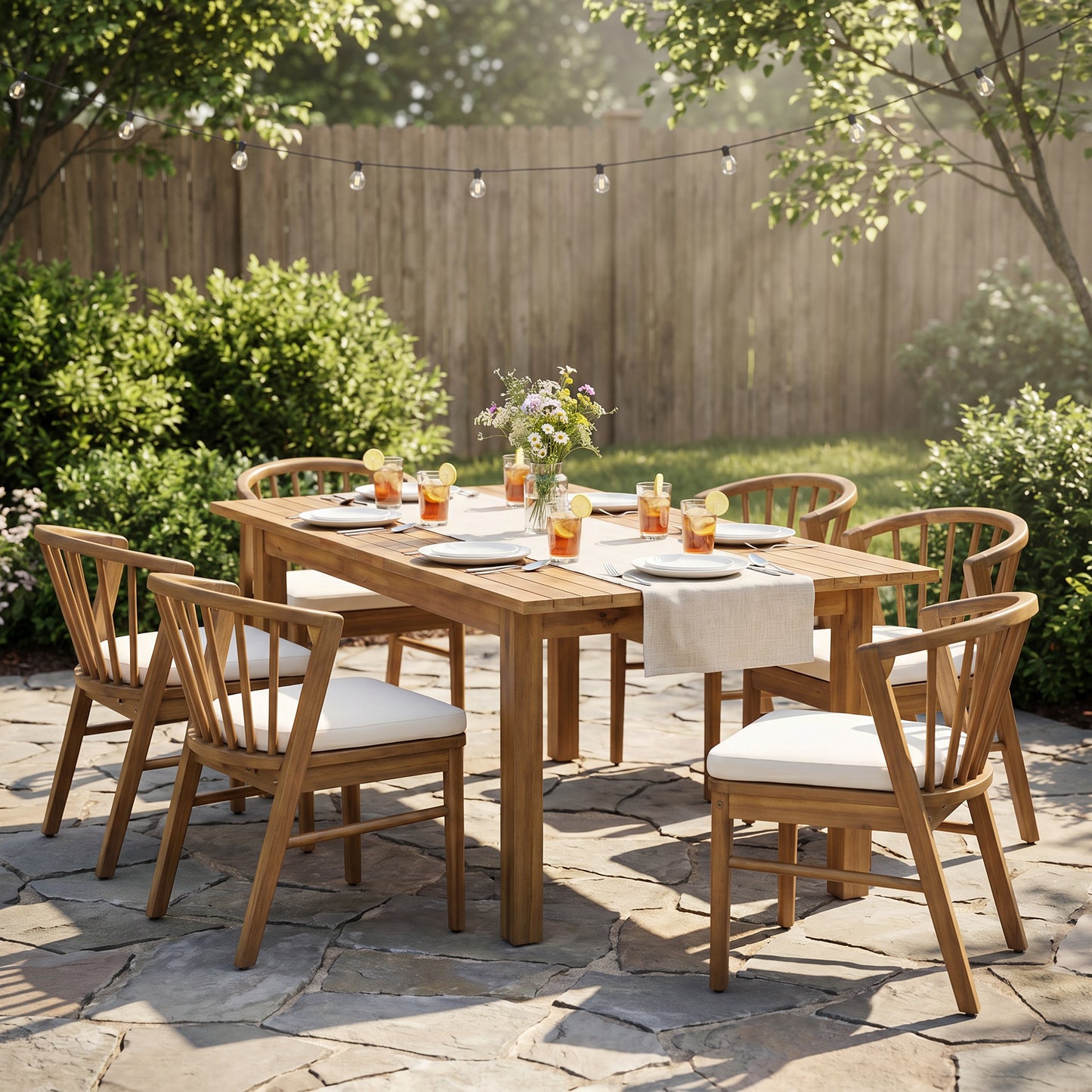 7 Pieces Acacia Wood Outdoor Dining Set with Cream Cushions,Modern 6 Chairs 1 Large Table,Dining Furniture Set for Lawn, Backyard, Garden Deck,Poolside,Teak