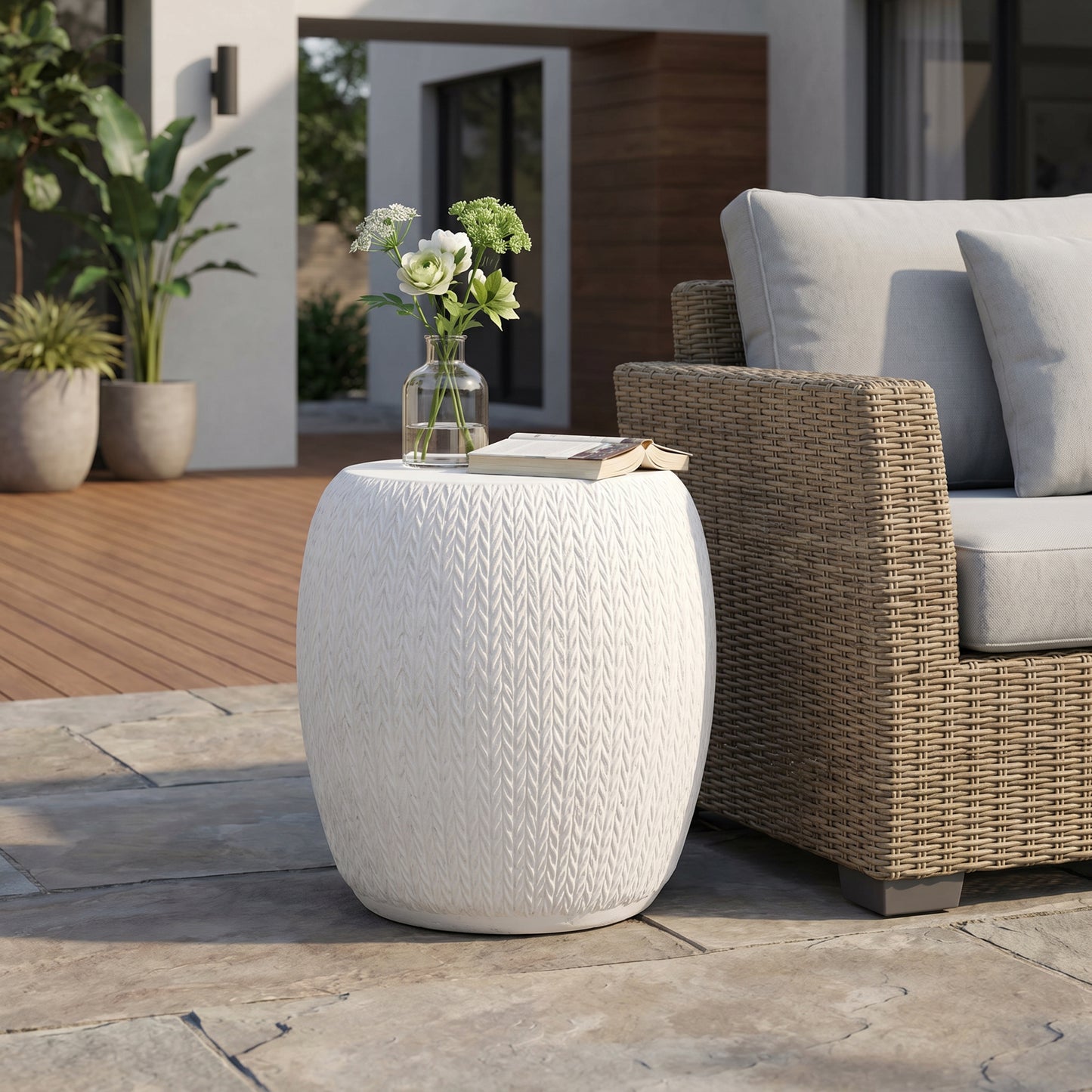Outdoor LightWeight Concrete Side Table, Antique White End Table