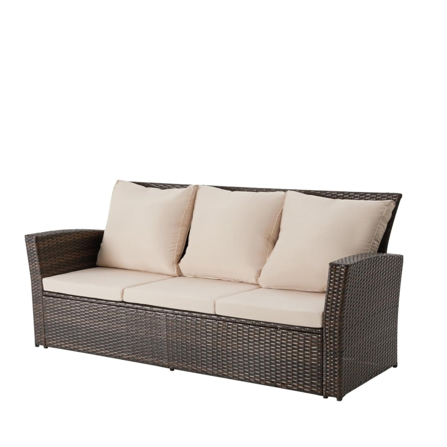 67.7" All-Weather Wicker 3-Seat Patio Sofa with Thick Biege Cushions & Black Frame
