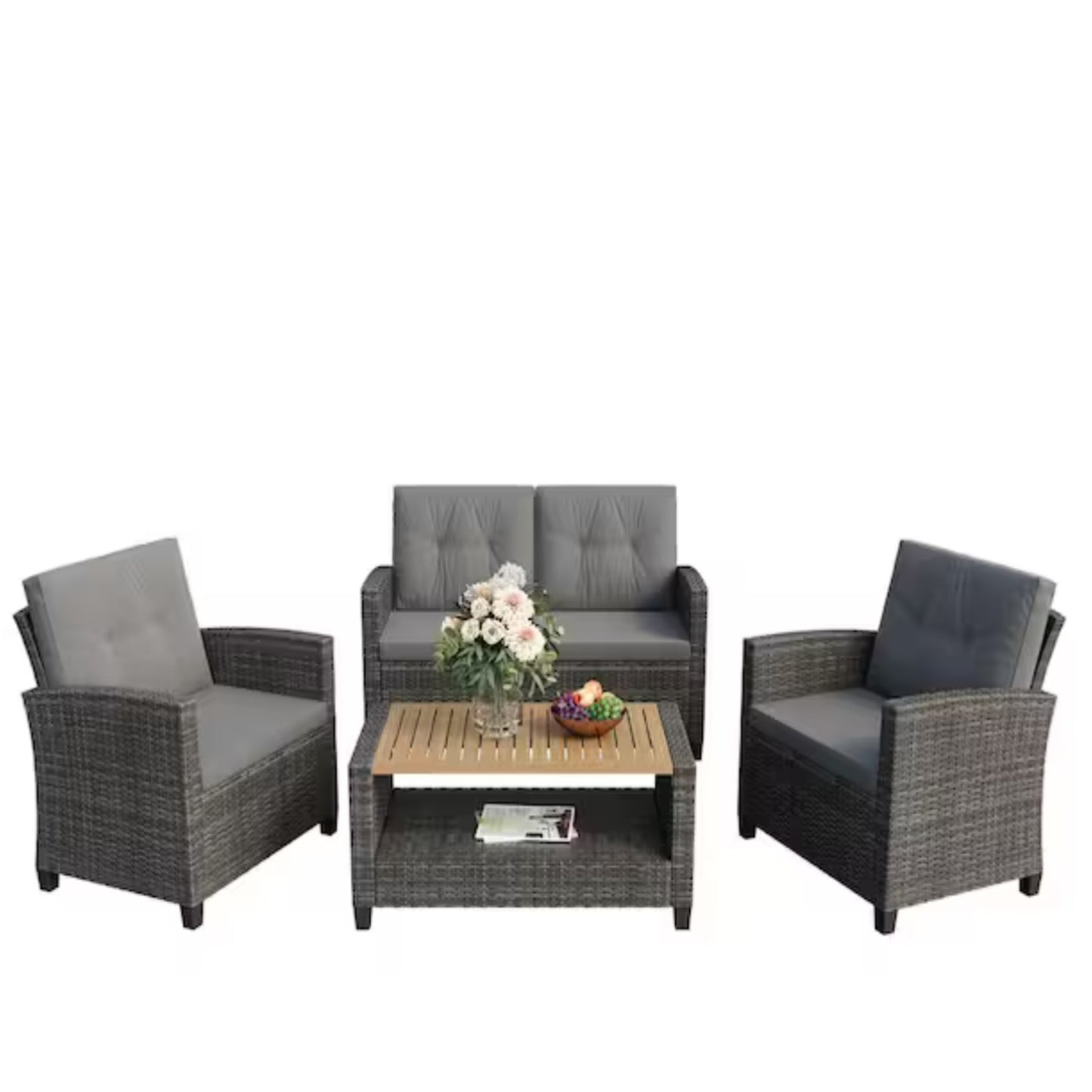 4-Piece All Weather Wicker Outdoor Patio Conversation Set with Gray Cushions and Accacia Wood Table