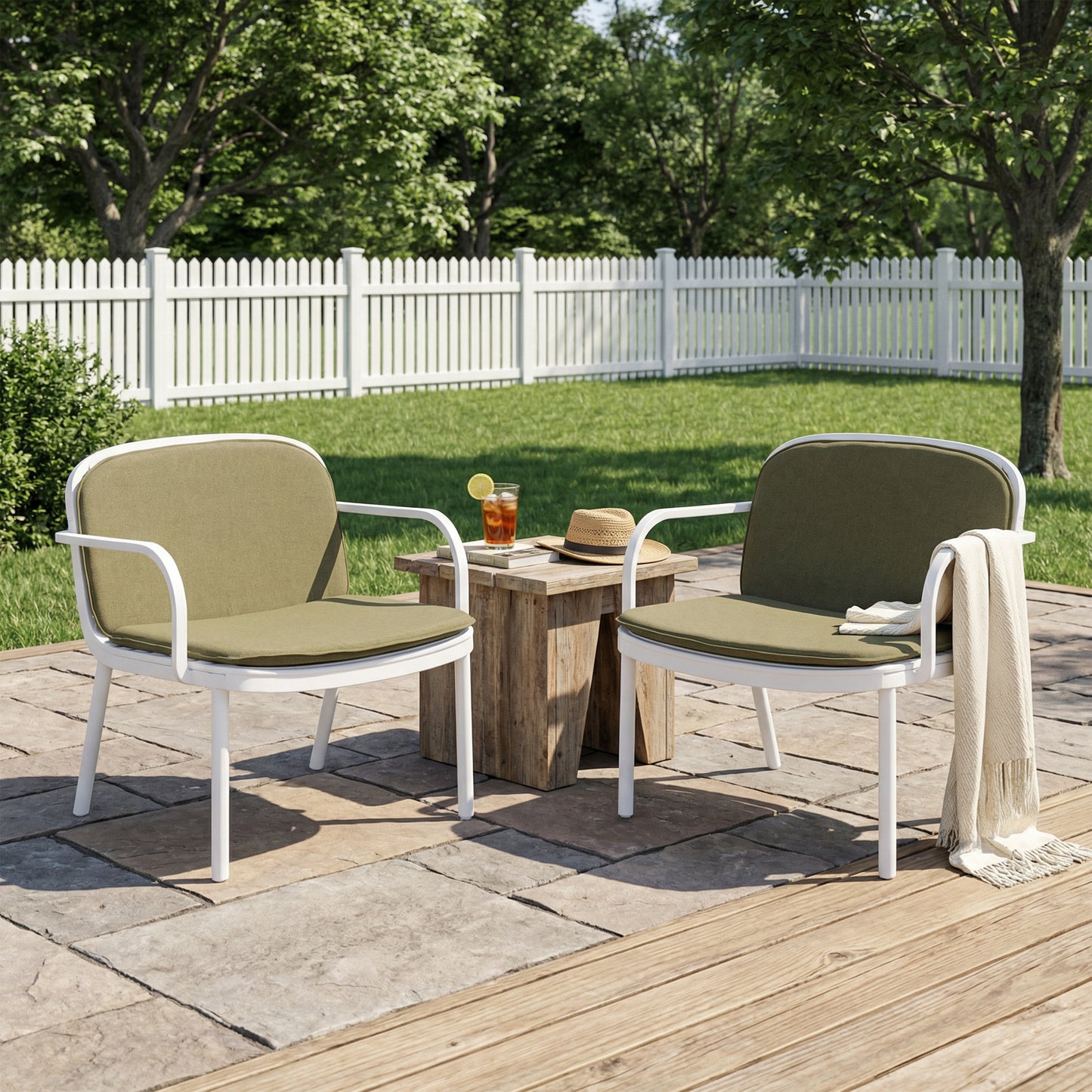 Luna Outdoor PP Club Chair, White Frame with Green Cushion, Set of 2