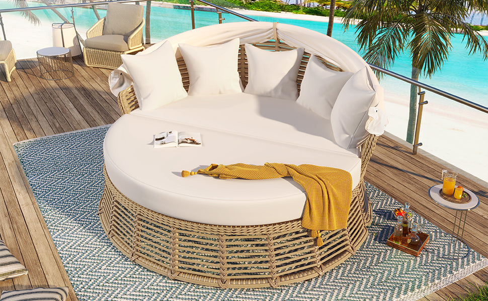 Beige Wicker Patio Round Daybed with Cushions