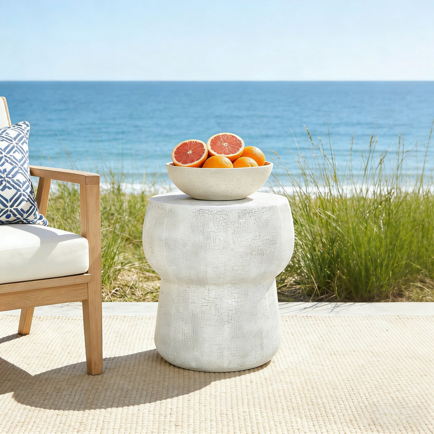 U_Style Outdoor Patio Accent Table with Crack process , Morden Concrete coffee Table with Double Barrel Shape Outdoor Side Table, Garden Stoolsl for Patio,Garden, Backyard.