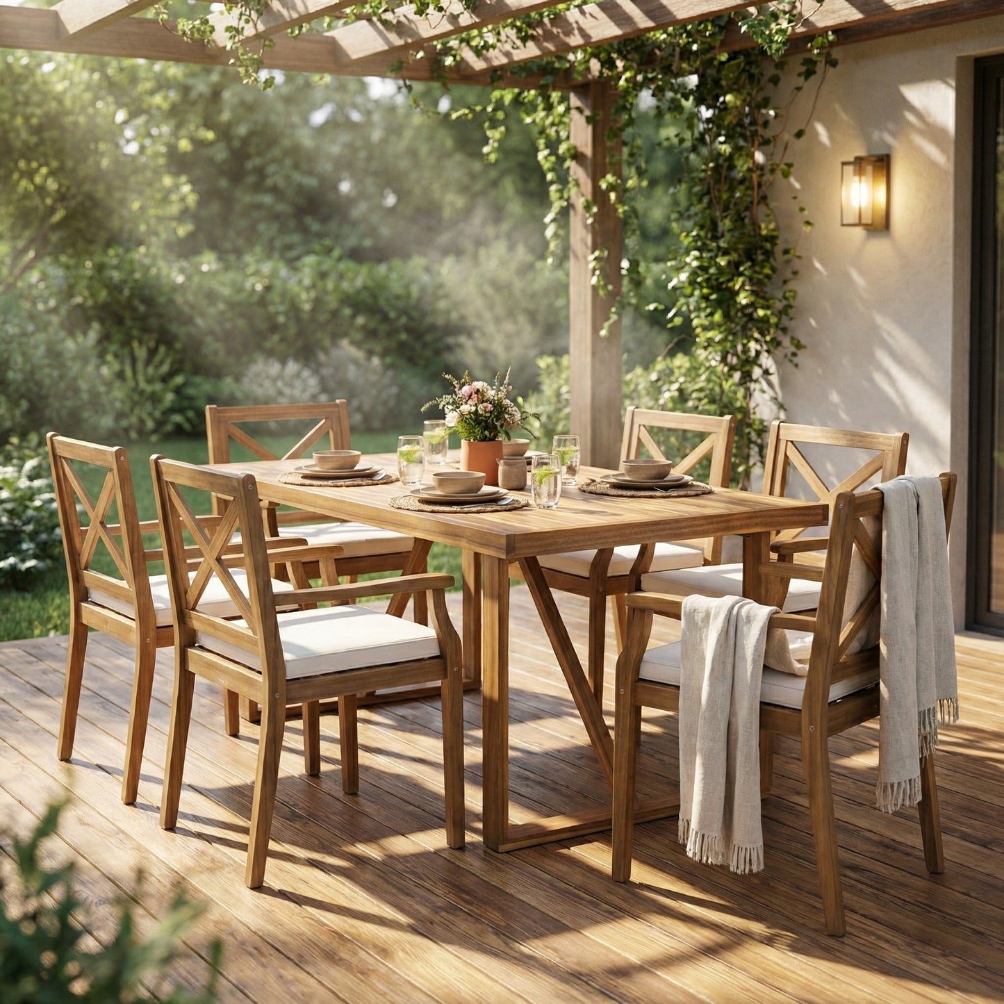 7 Pieces Acacia Wood Outdoor Dining Set with Cream Cushions,Modern 6 Chairs 1 Large Table,Dining Furniture Set for Lawn, Backyard, Garden Deck,Poolside,Teak