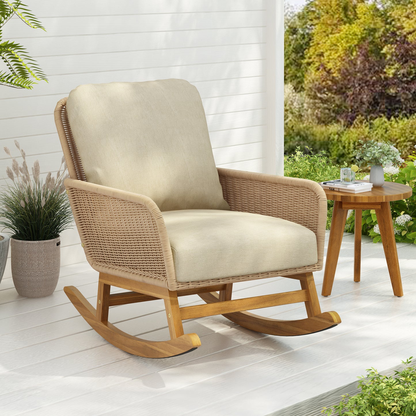 Contemporary Minimalist Beige Wicker Rocking Chair with Soft Polyester Cushions and Durable Wooden Frame, Perfect for Indoor and Outdoor Spaces like Patio, Balcony, or Living Room
