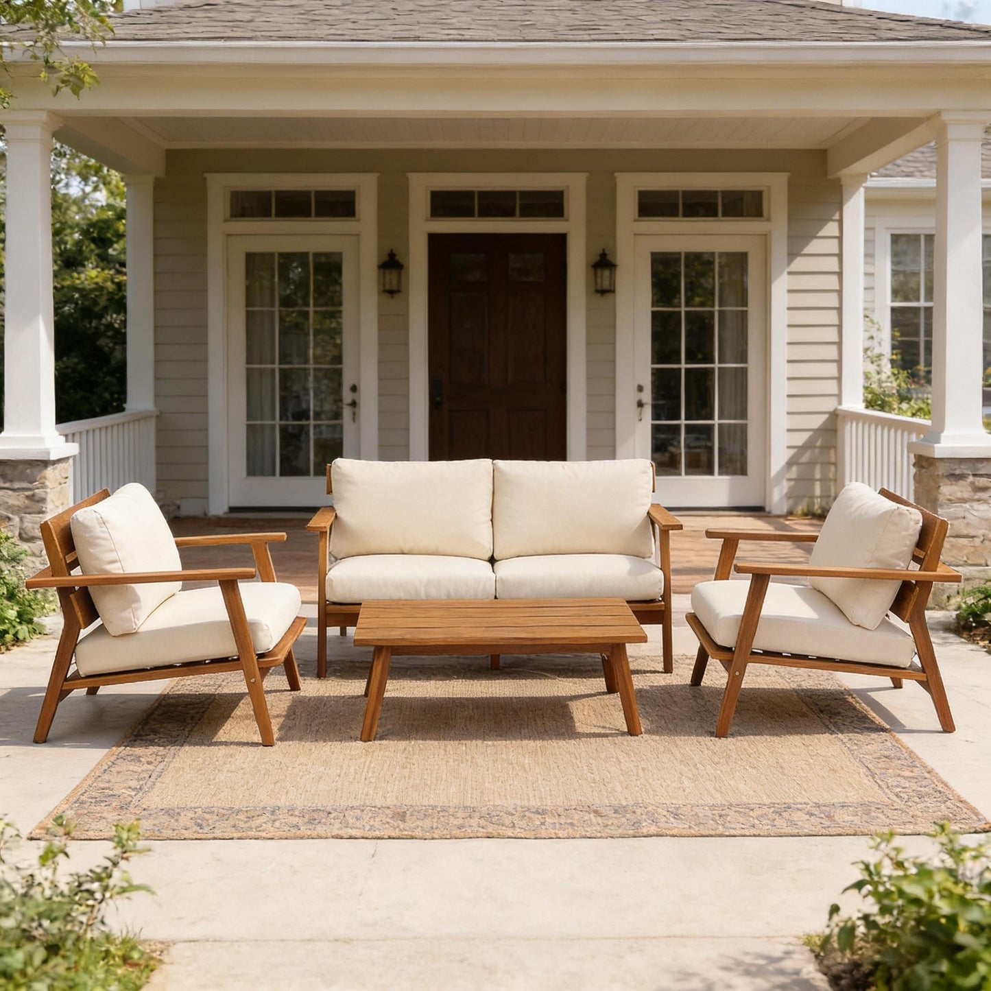 4-Piece Mid-Century Modern Acacia Wood Patio Seating Set, Outdoor Conversation Set with Loveseat, Club Chairs & Slatted Coffee Table, Weather-Resistant Cushions