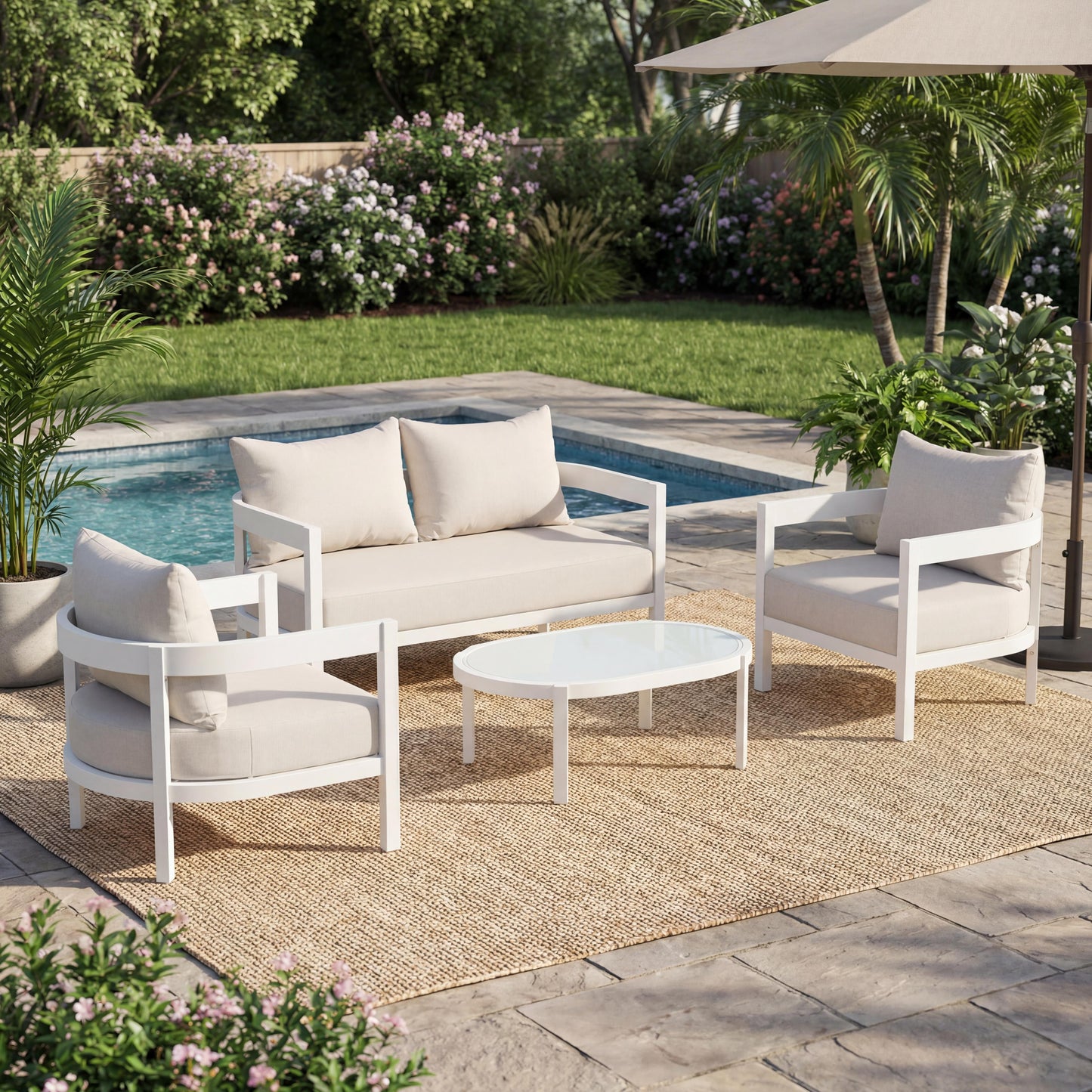4-Piece Modern Curved Outdoor Aluminum Conversation Set, 2 Single Chairs + Loveseat + Oval Glass Coffee Table, White Frame with Weather-Resistant Cushions, Ideal for Backyard, Deck & Poolside
