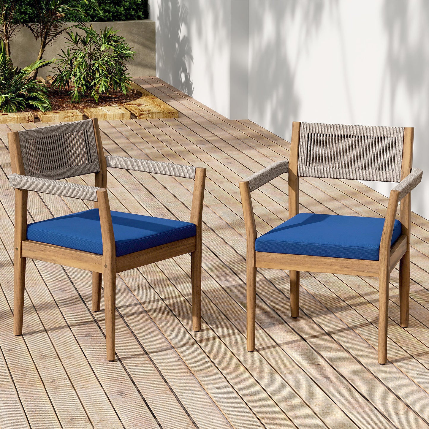 Braided Acacia Wood Outdoor Dining Chairs Set of 2 – Teak Look with Beige Rope & Navy Cushions, All-Weather Patio Furniture for Garden, Poolside, and Backyard (Durable & Stylish)