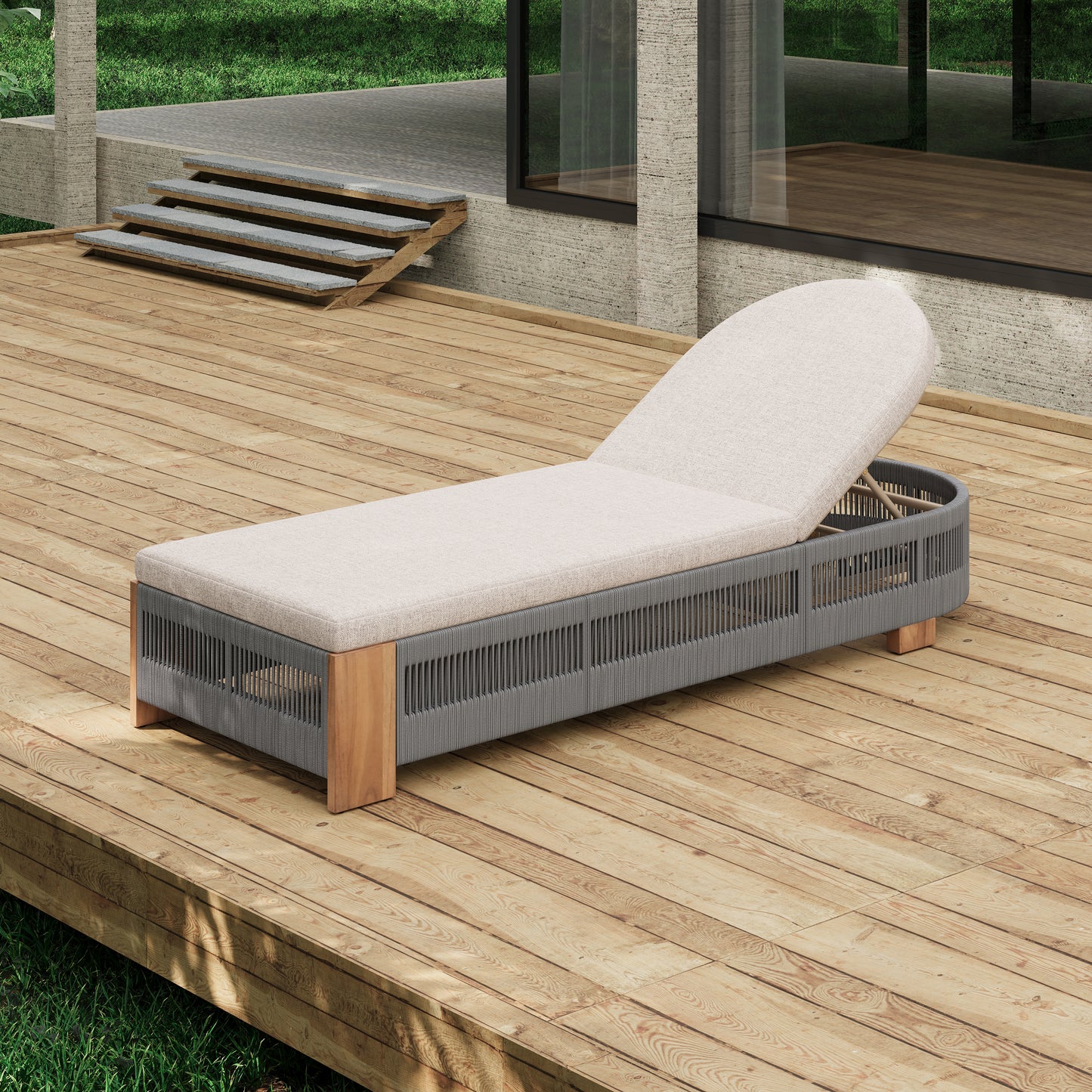 Outdoor Chaise Lounge Chair, Acacia wood Pool Chair with Adjustable Backrest and Cushion, Outdoor Lounge Chair for Beach, Yard, or Poolside (Grey rope)