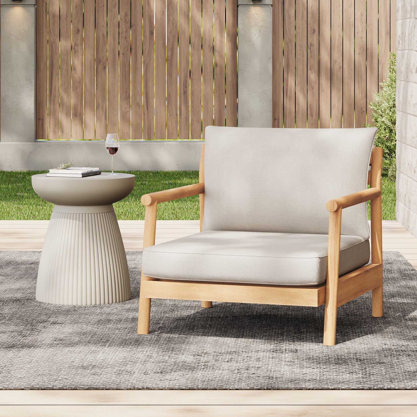 Patio Acacia Wood Club Chair with Water-resistant Cushion, Teak + Beige (1 PC )