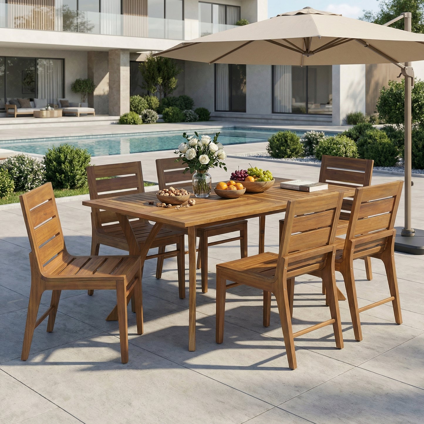 7 Piece Outdoor Acacia Wood Dining Set, Teak Finish Patio Table with 6 Slatted Back Chairs, Weather Resistant Solid Wood Furniture for Garden, Backyard, Porch