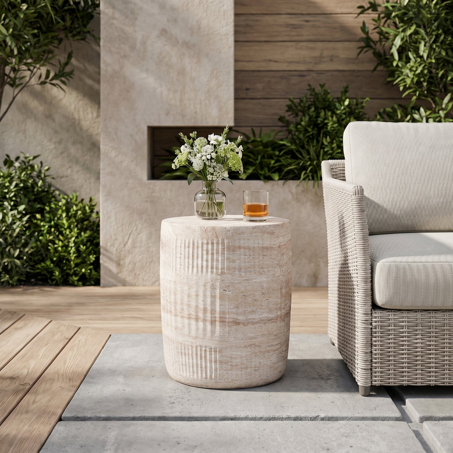 Outdoor/Indoor Lightweight Concrete Side Table,Travertine Finish