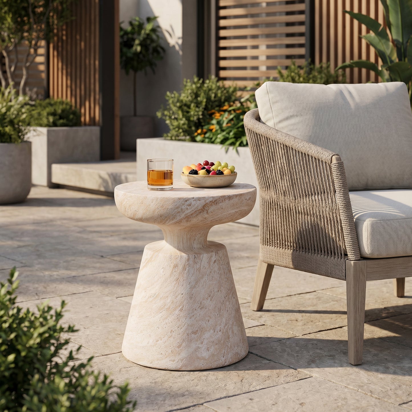Outdoor/Indoor Lightweight Concrete Side Table,Travertine Finish