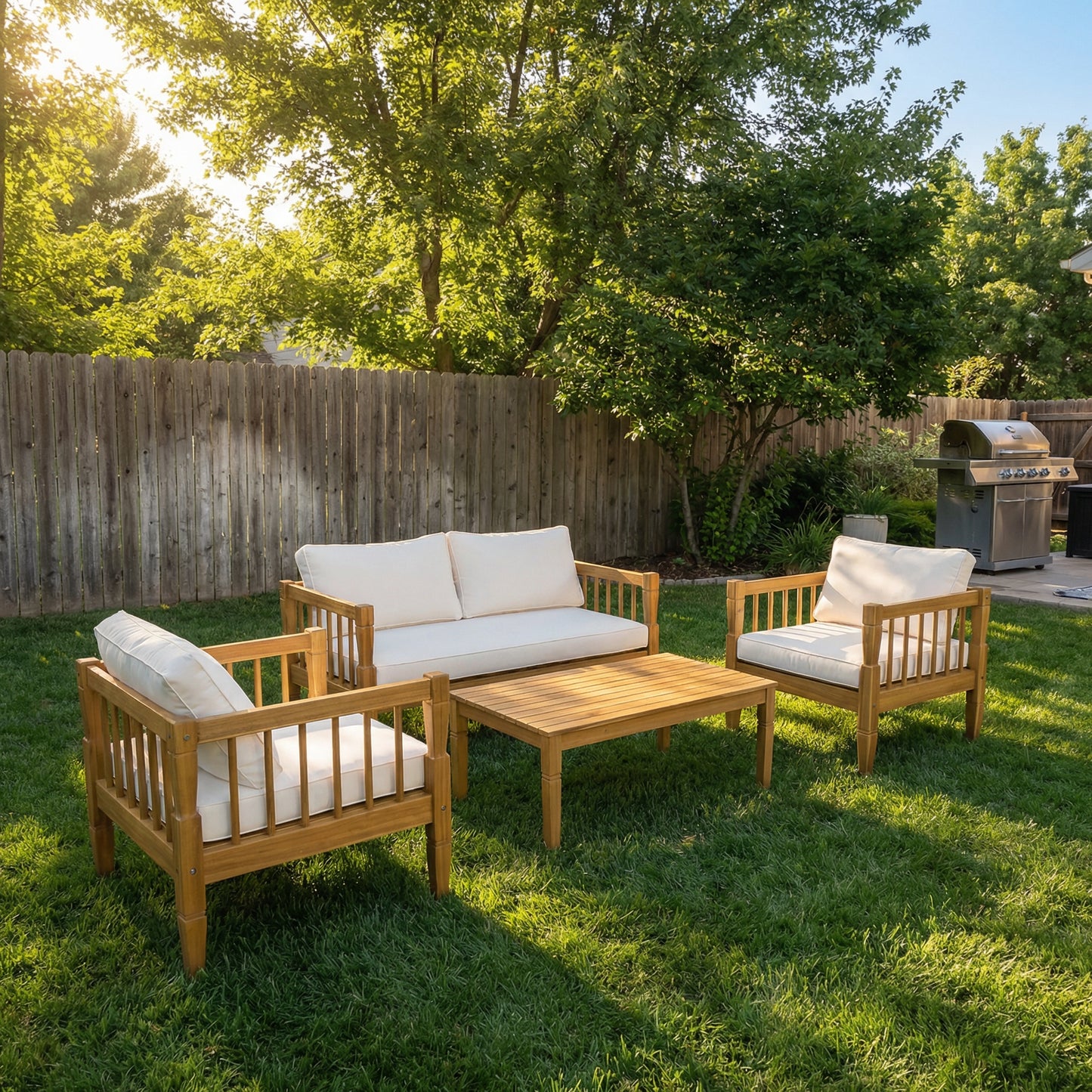 4-Piece Patio Furniture Set, Outdoor Furniture with coffee table, Patio Conversation Set Deep Seating with Thick Cushion for Backyard Porch Balcony,Teak finish