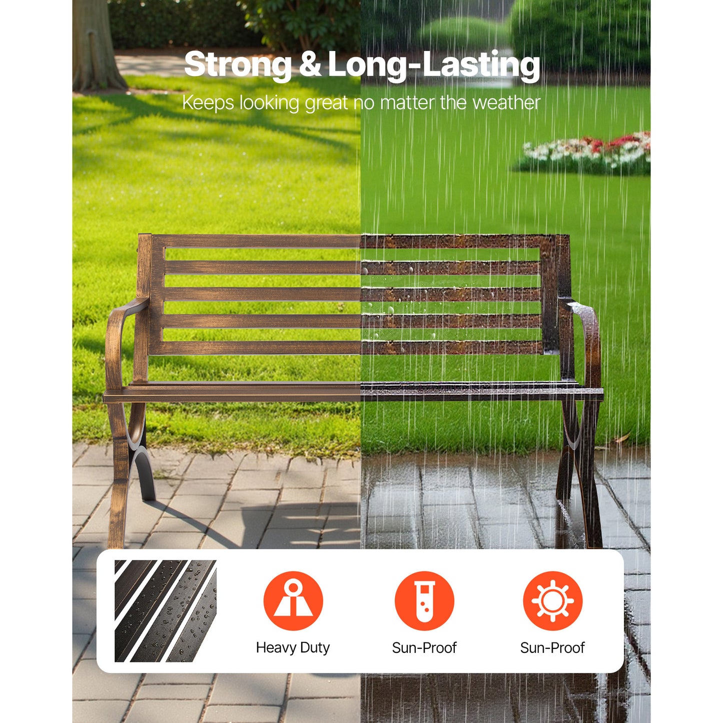 Coppery Metal Outdoor Bench for Porch or Garden Seating