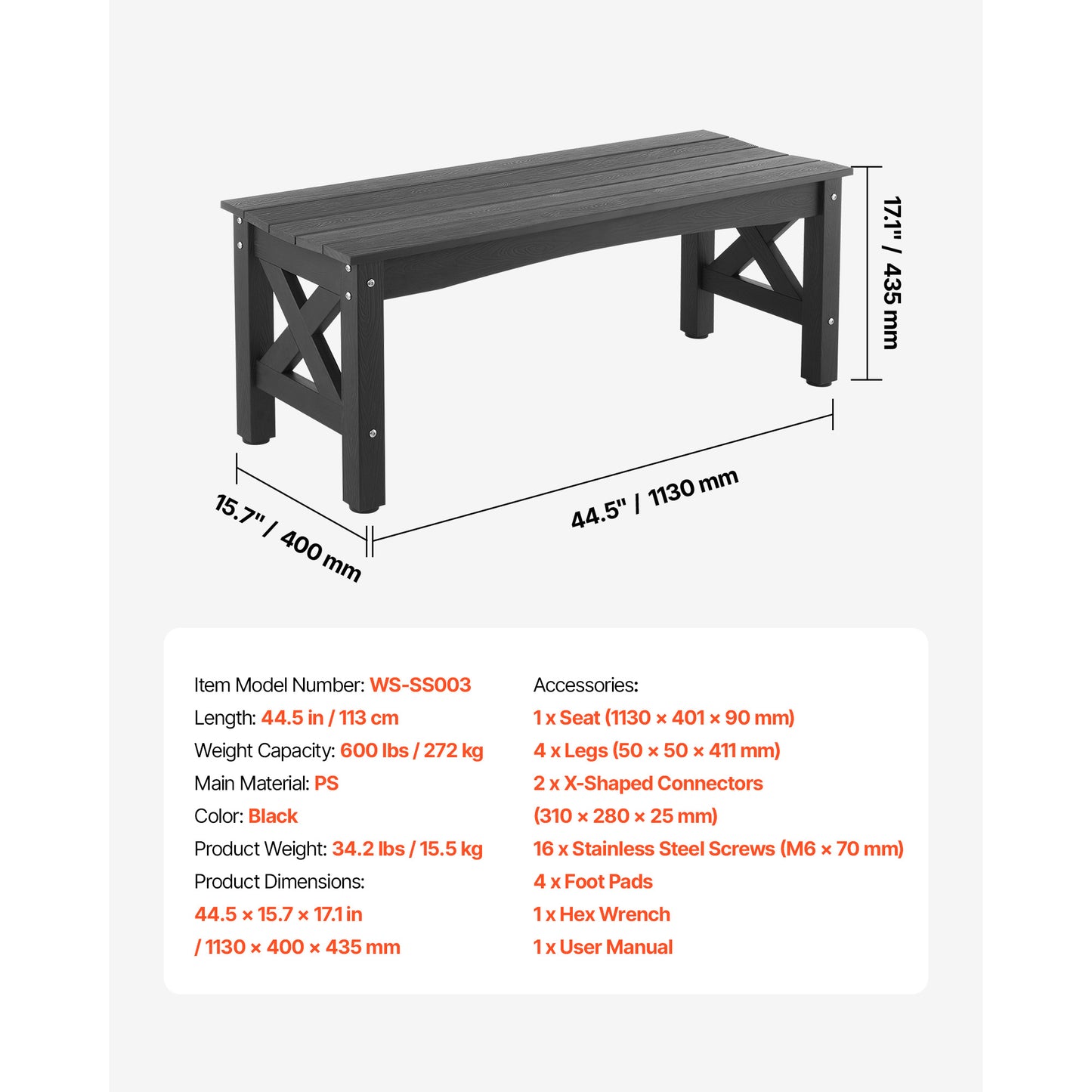 Outdoor Bench Patio Bench 48" Weatherproof Plastic Black