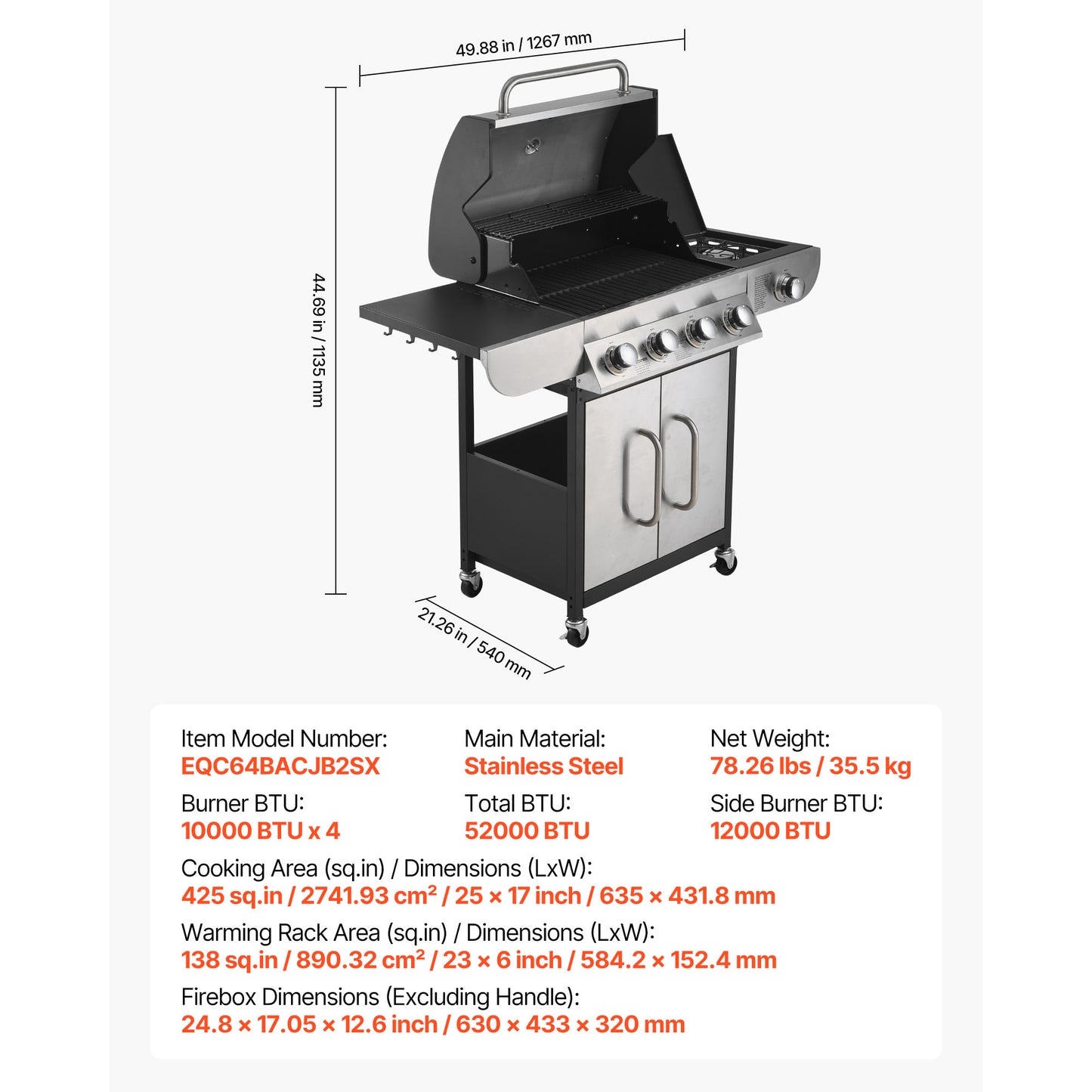 4 Burner Propane Gas Grill - 52,000 BTU Stainless Steel