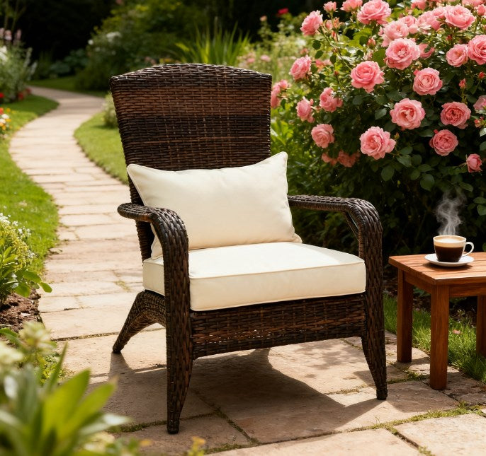 Patio Chair with Rattan Wicker, Soft Cushions, Tall Curved Backrest