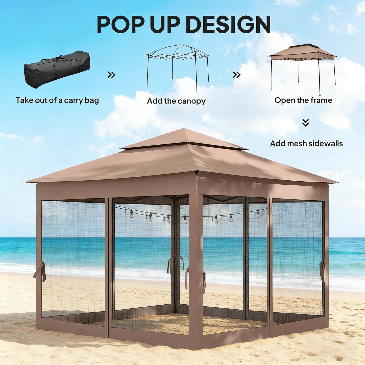 128" Black Brown Pop Up Patio Gazebo - Outdoor Shade Shelter