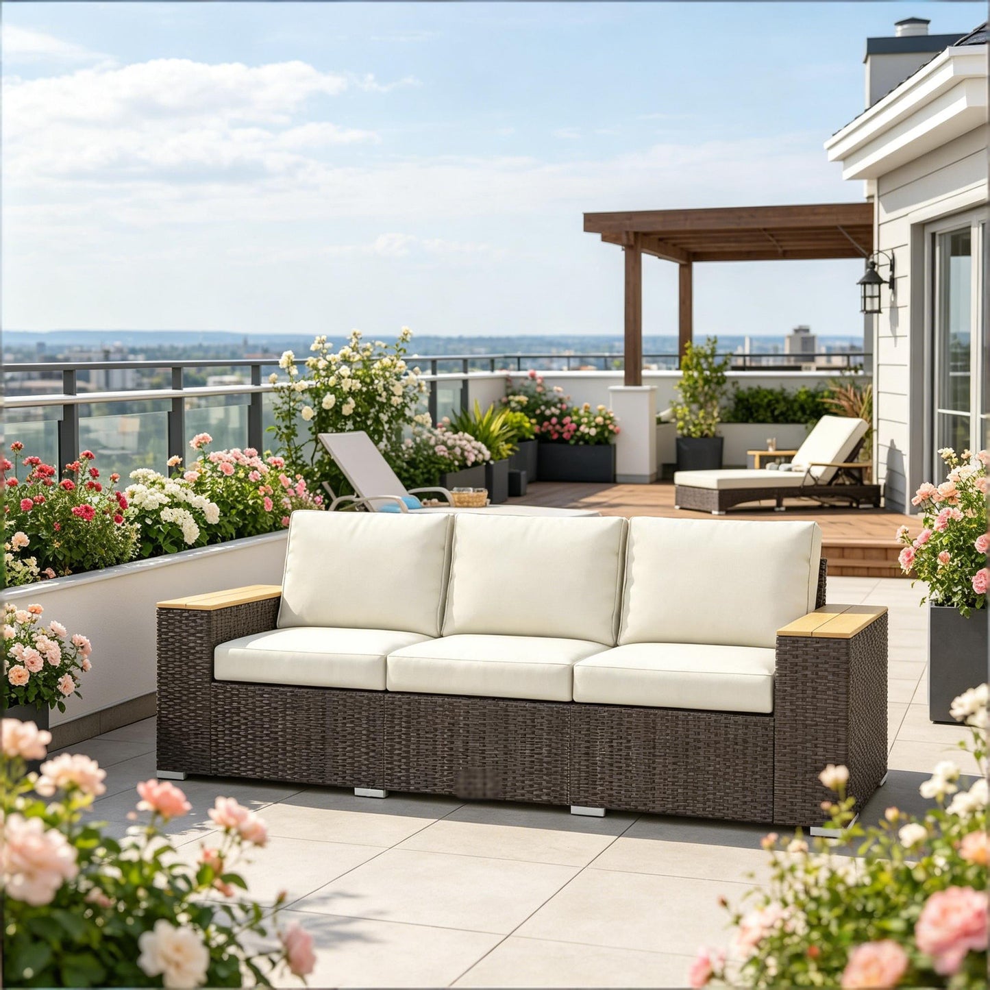 Beige 3-Seat Outdoor Patio Sofa, PE Wicker Outdoor Couch with Extra Wide Deep Seat