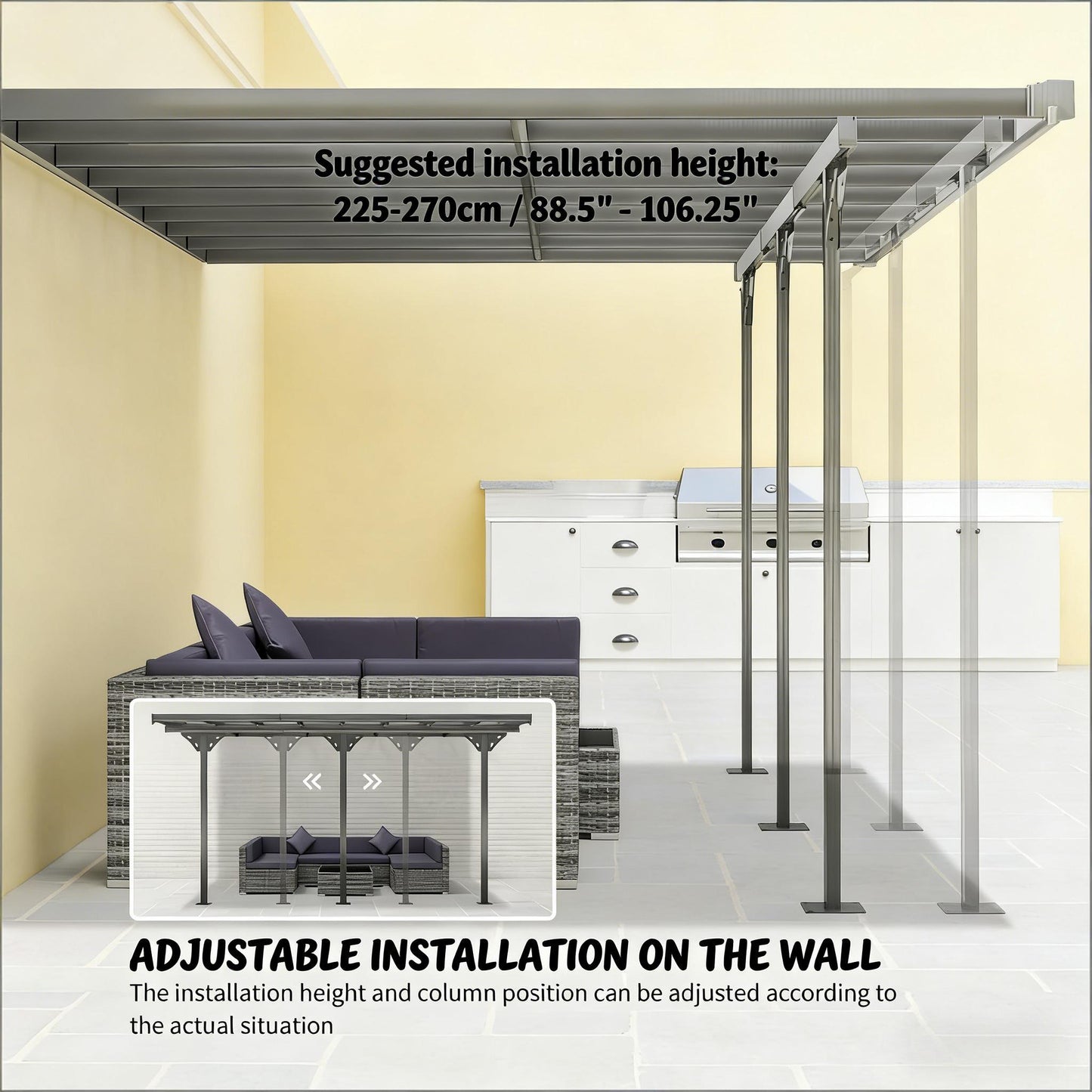 Gray Aluminum Deck Pergola - Wall Mounted Outdoor Awning