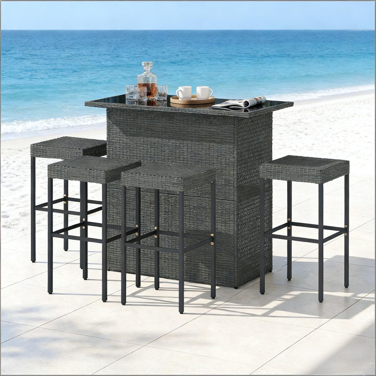 Bar Height Pool Furniture Set,Outdoor Table and Chairs,5 Piece Rattan Wicker Bar Set