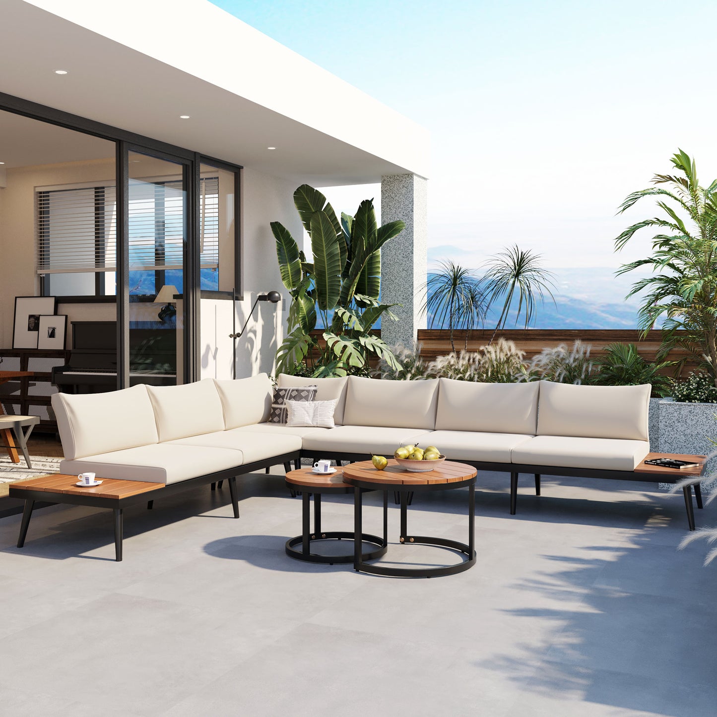 TREXM 6-Piece Outdoor Sectional Sofa Set with Round Nesting Coffee Tables and Seating Sofa with Cushions for Patio, Porch and Garden (Beige)