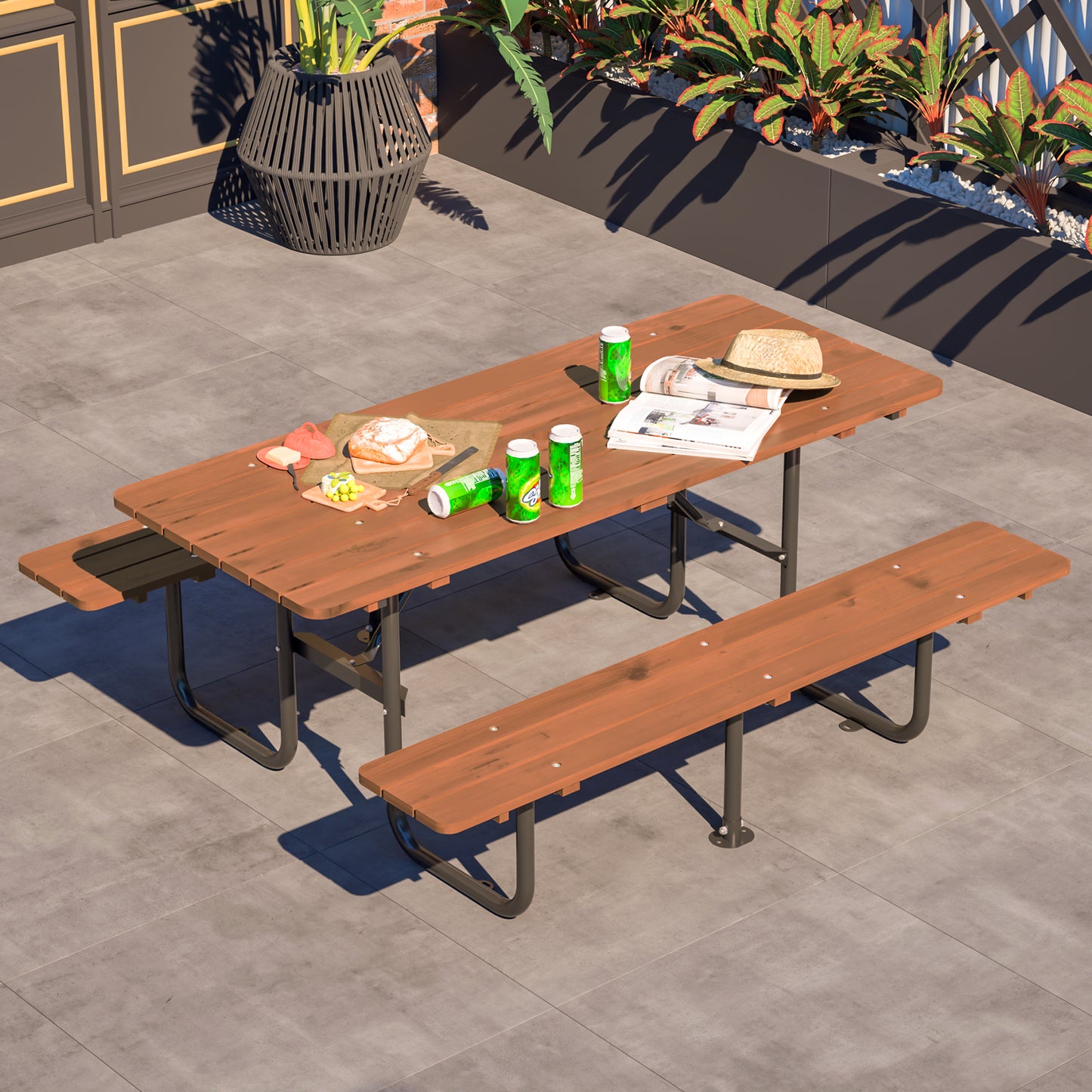 Brown Outdoor Picnic Table Set with Benches for Garden and Patio