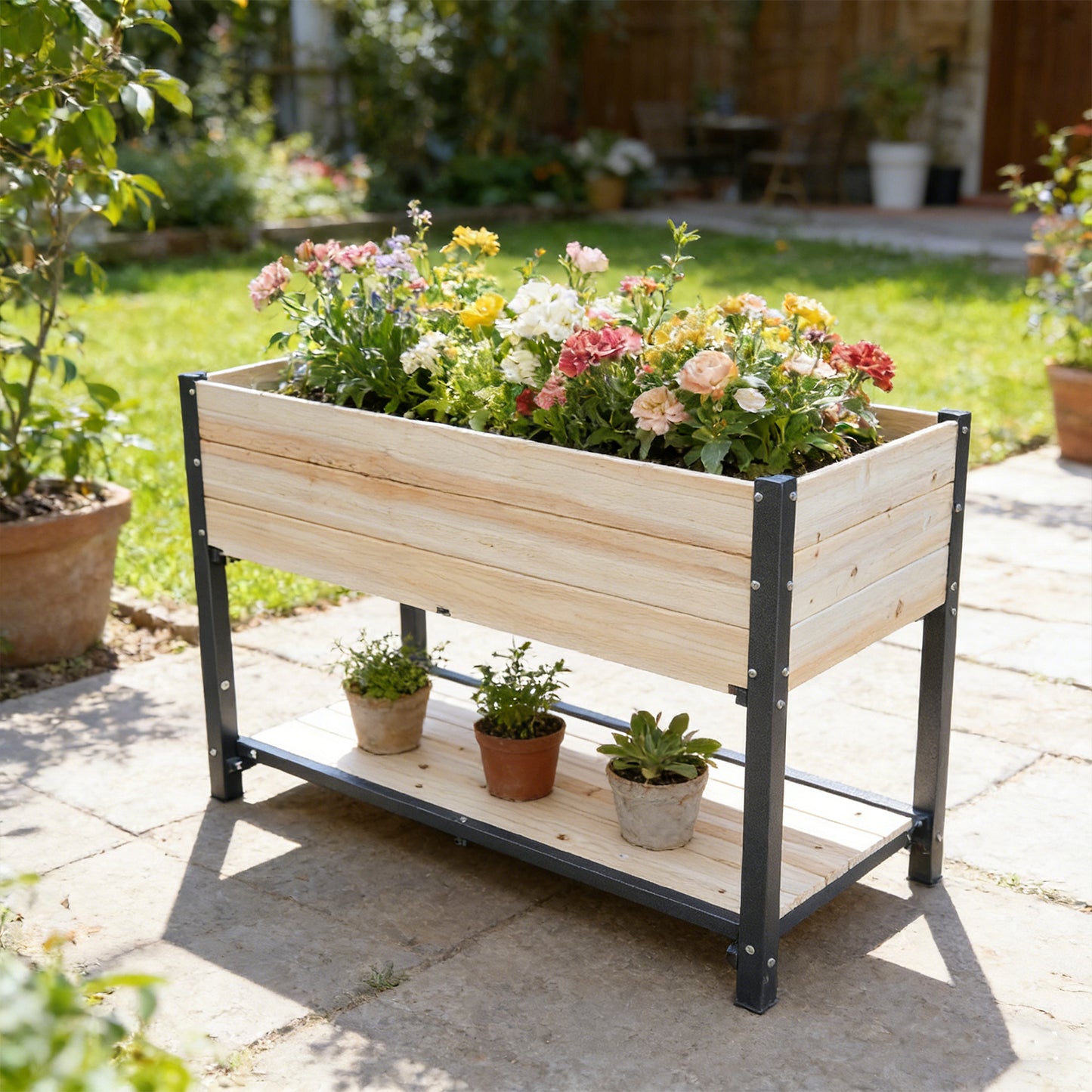 New style: Solid Wood & Iron Frame Raised Garden Bed - Reversible & Replaceable Wood Panels, No Paint/Formaldehyde, DIY Planter Box for Vegetables, Fruits, Flowers