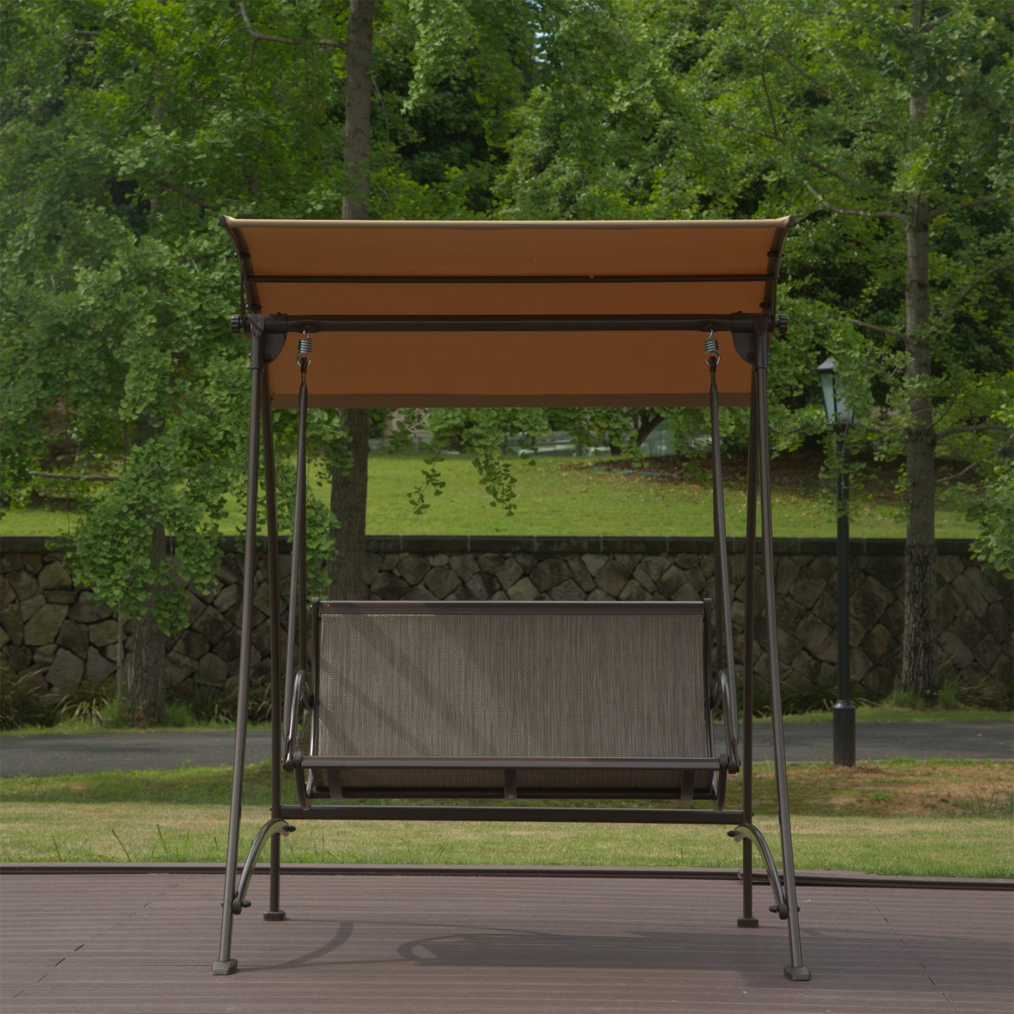 Dark Brown Steel Patio Swing with Canopy for Garden or Poolside Relaxation
