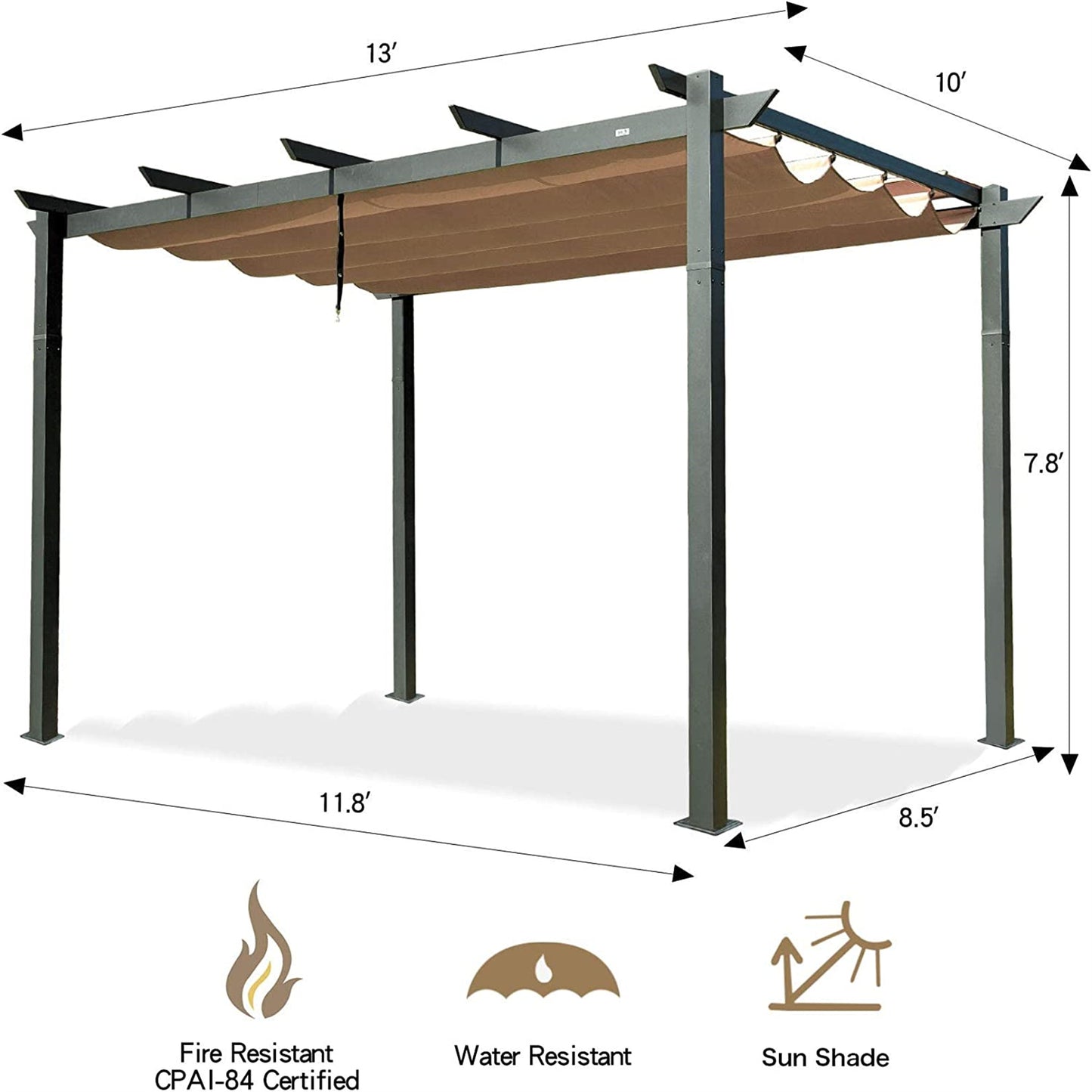 13ft x 10ft Dark Gray Aluminum Retractable Pergola - Outdoor Shade