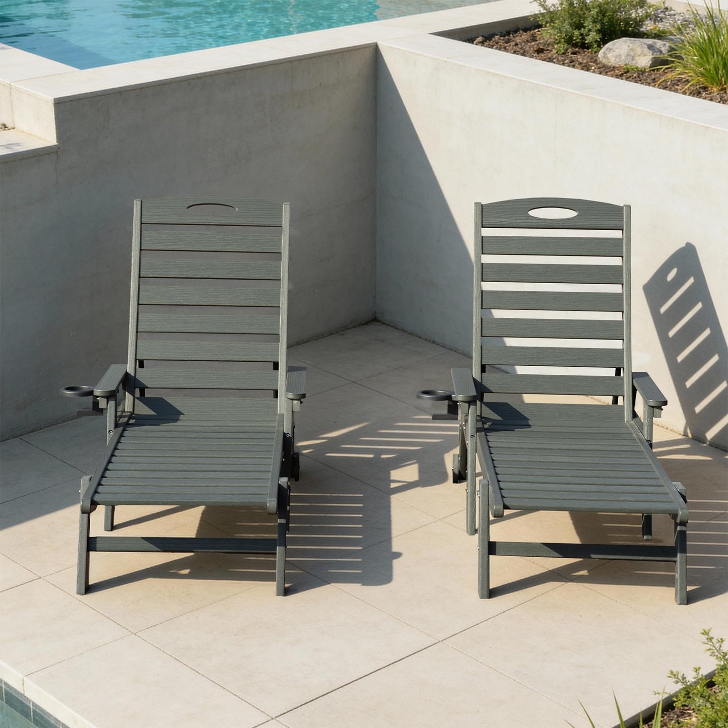 Grey HDPE Outdoor Lounge Chairs Set of 2 - Patio Seating