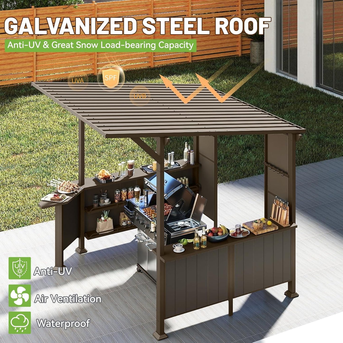 9x10FT Brown Steel Gazebo - Outdoor BBQ Grill Canopy