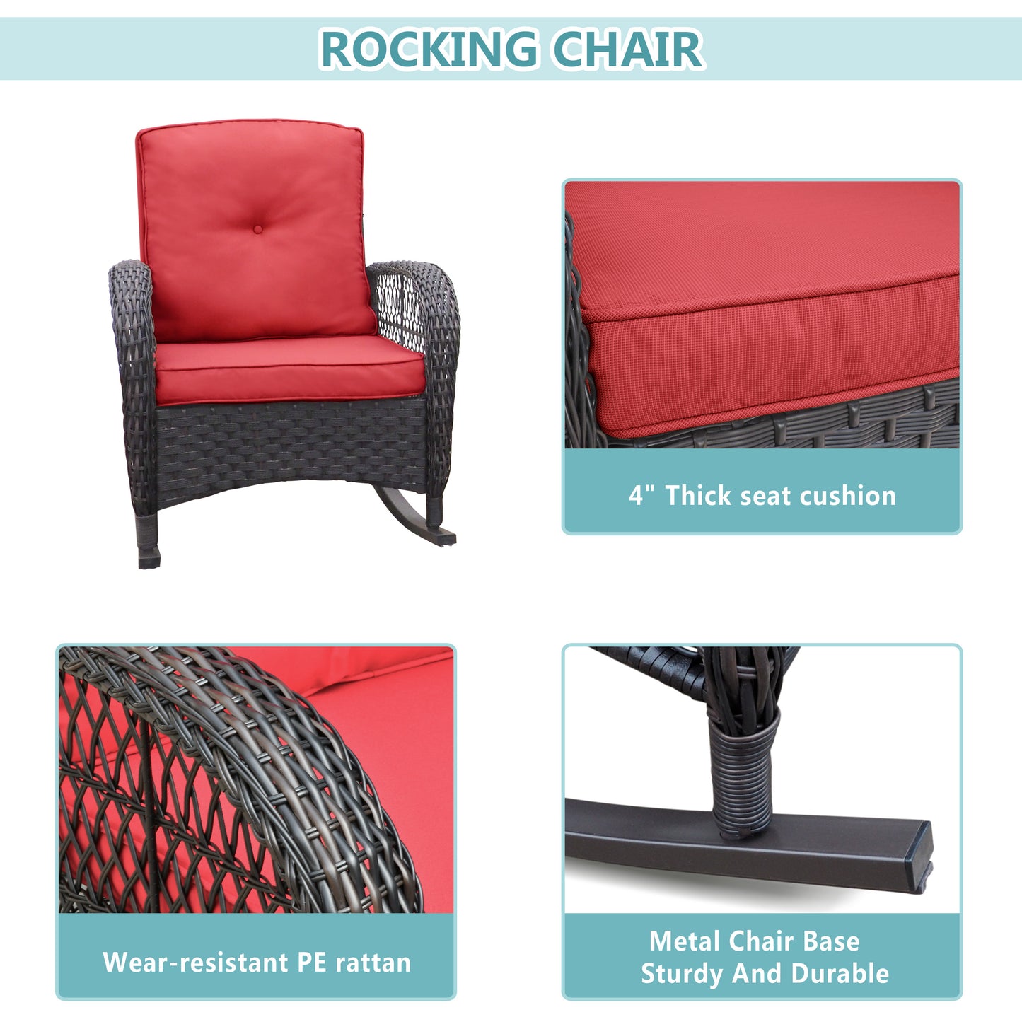 3 Piece Red Wicker Rocking Patio Conversation Set - Outdoor Bistro Furniture