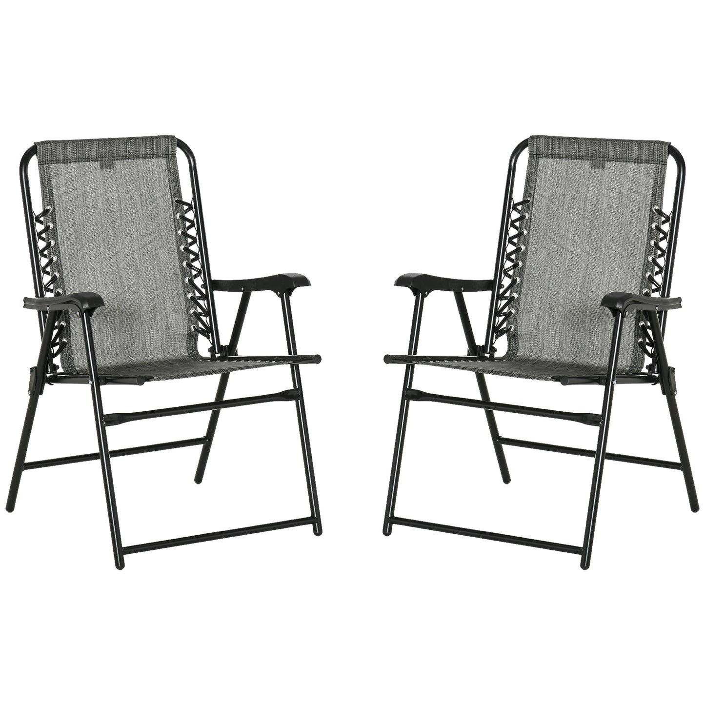 Outsunny Set of 2 Patio Folding Chairs, Outdoor Bungee Sling Chairs w/ Armrests, Portable Lawn Chairs for Camping, Garden, Pool, Beach, Backyard, Gray
