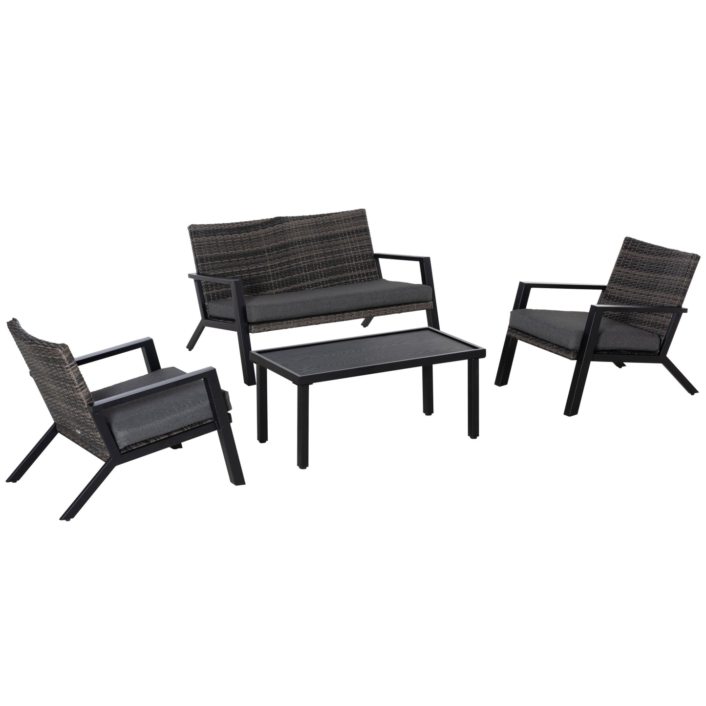 Outsunny 4 Piece Patio Furniture Set, 2 PE Wicker Chairs, Loveseat Sofa, Outdoor Coffee Table, Soft Cushions, Couch & Armchairs for Backyard, Garden, Black