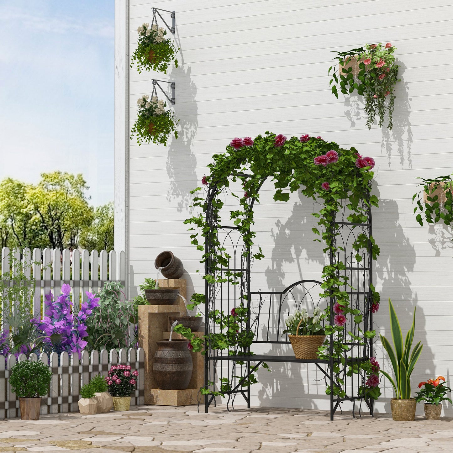 Outsunny Metal Trellis Arbor Arch Bench - Black, 484 lb Capacity