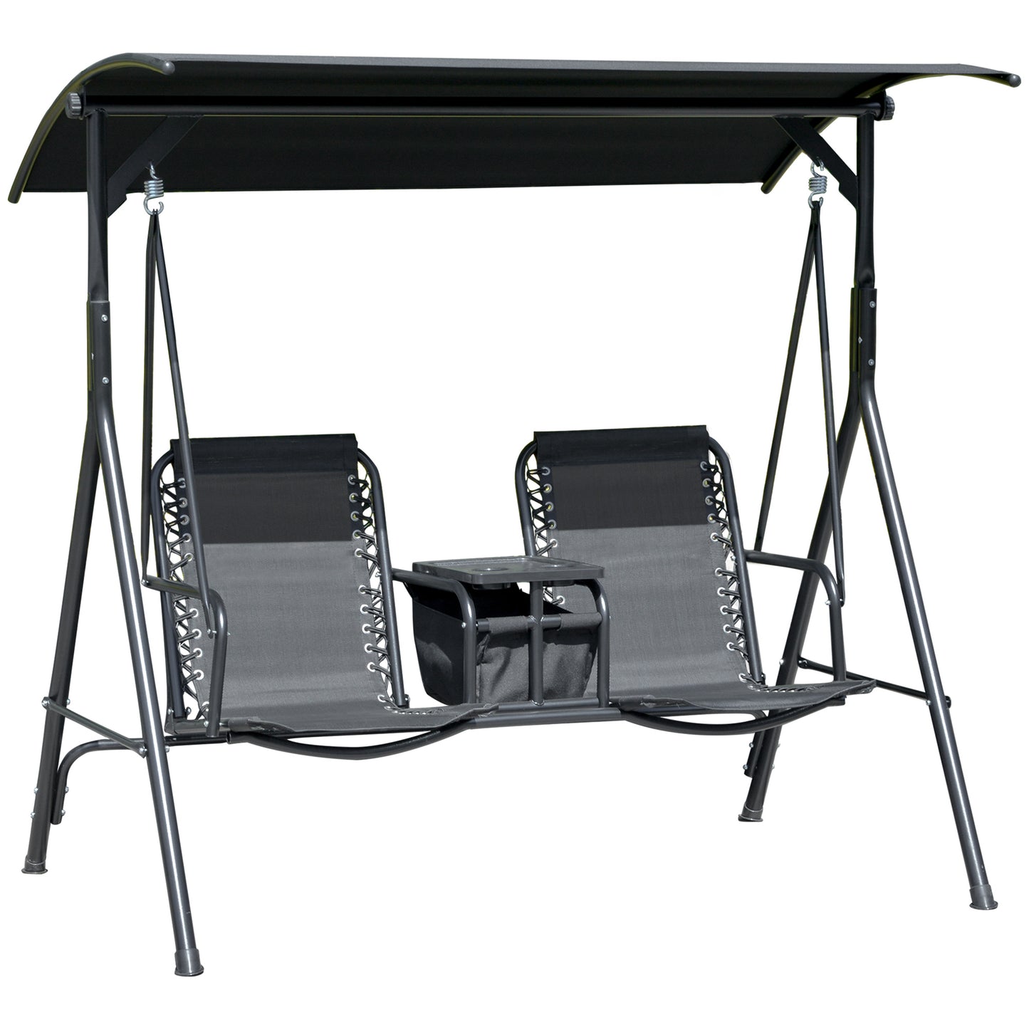 Outsunny 2-Seat Patio Swing Chair, Outdoor Canopy Swing Glider with Pivot Storage Table, Cup Holder, Adjustable Shade, Bungie Seat Suspension and Weather Resistant Steel Frame, Black