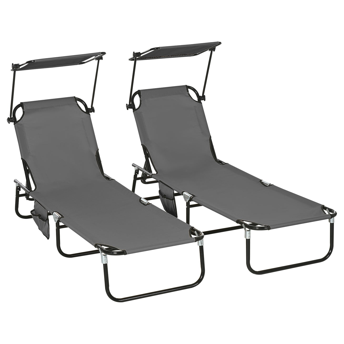 Outsunny Folding Chaise Lounge Pool Chairs, Outdoor Sun Tanning Chairs with Canopy Shade, Reclining Back, Steel Frame and Side Pocket for Beach, Yard, Patio, Dark Gray