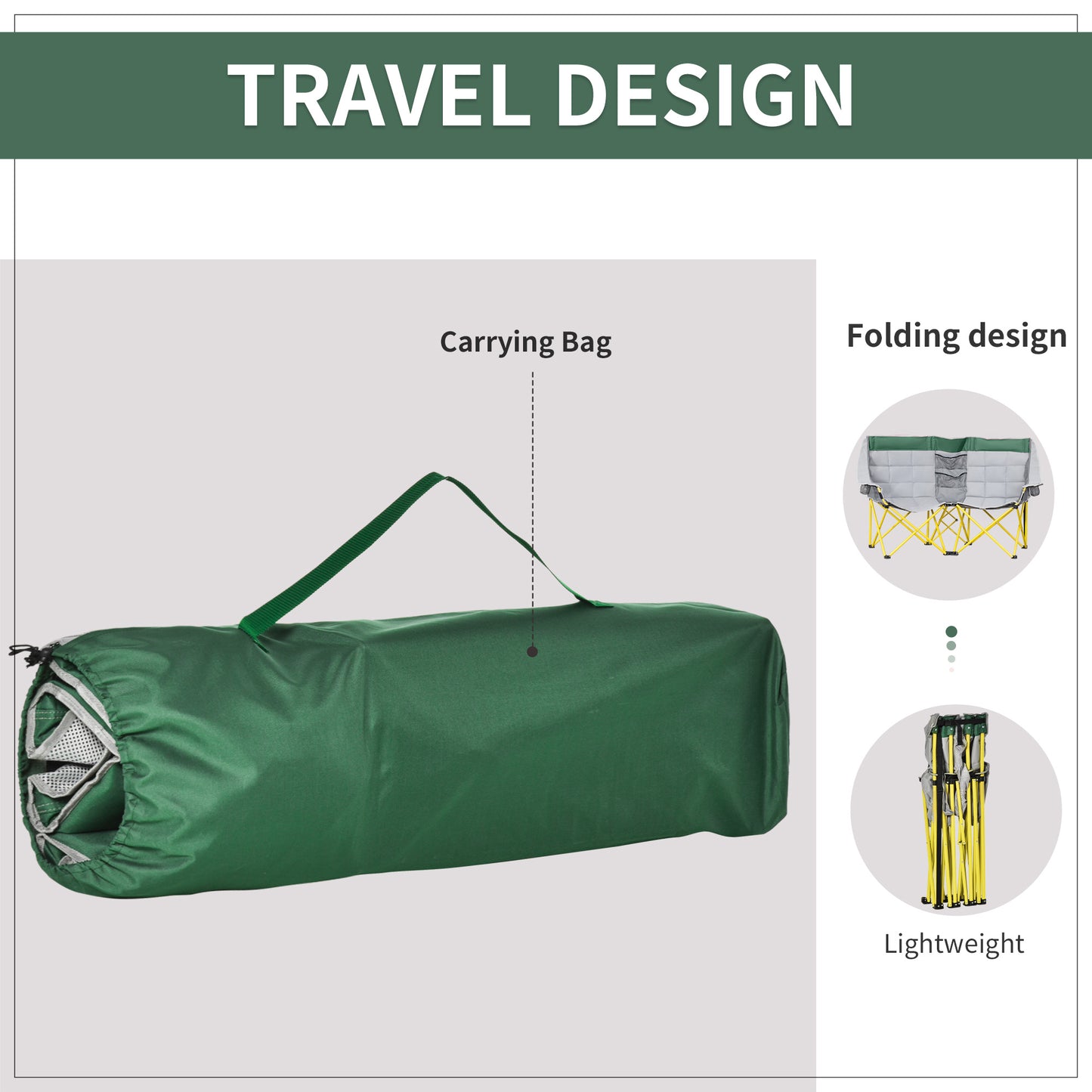 Green Metal Folding Camping Loveseat Chair with Carry Bag