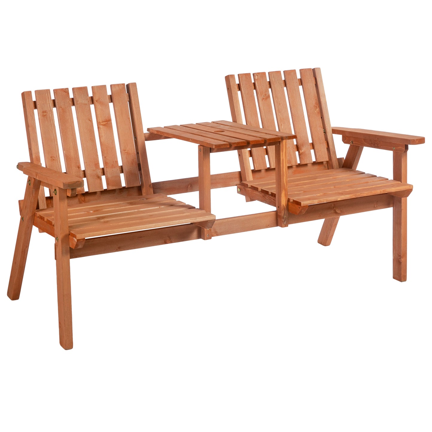 Outsunny Patio Bench, Garden Bench with Middle Table and Umbrella Hole, Wooden Outdoor Bench for Patio, Porch, Poolside, Balcony, Orange