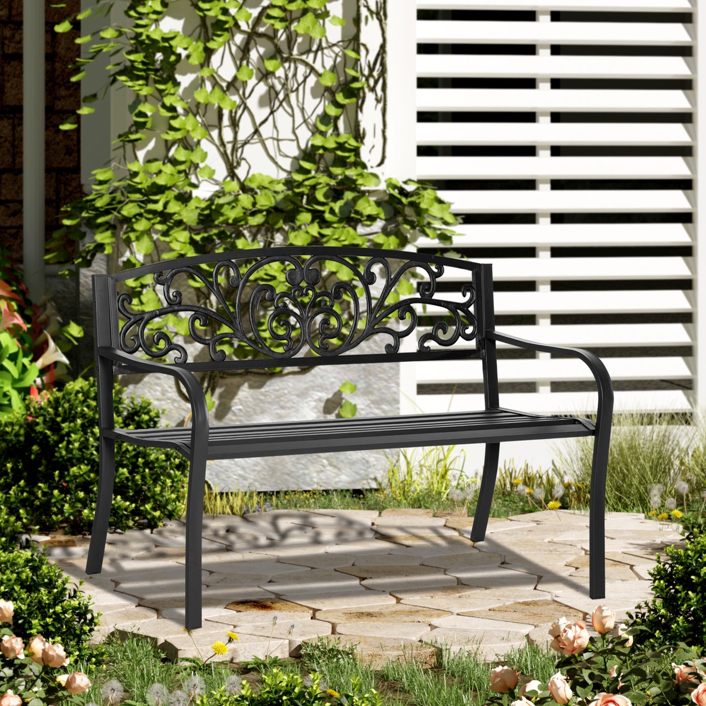 Black Iron Outdoor Bench - Floral Garden Bench