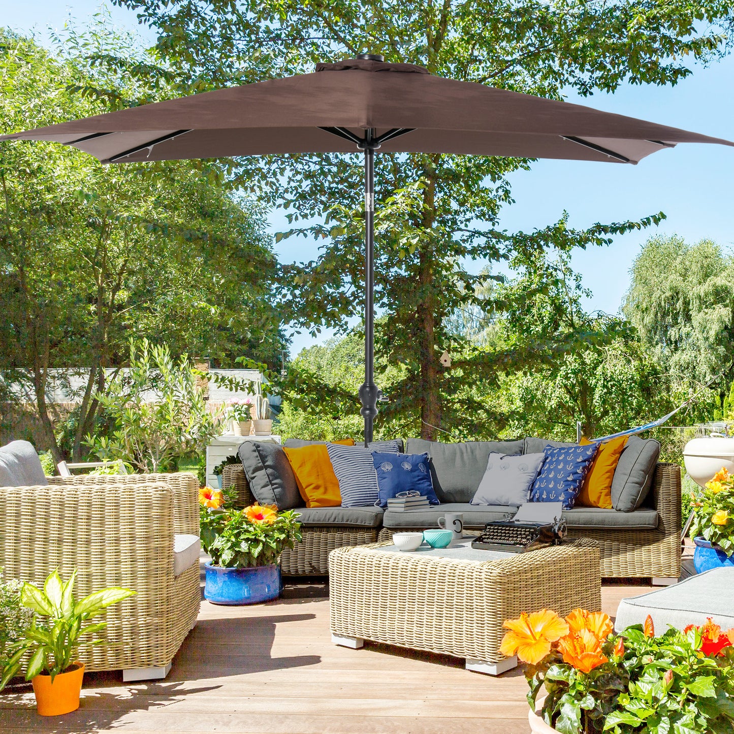 Outsunny 9' Solar Umbrella - Brown LED Patio Shade for Deck & Garden