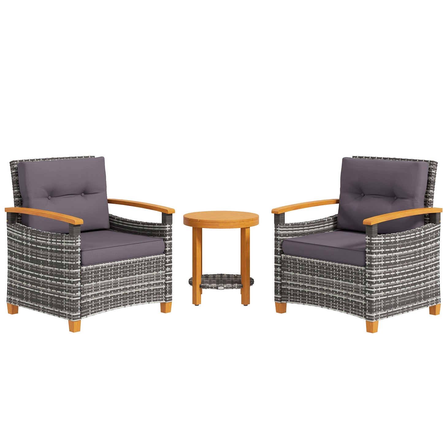 Outsunny 3 Pieces Patio Bistro Set Wooden with Cushions, PE Wicker Patio Furniture Outdoor for Porch, Backyard, Garden, Gray