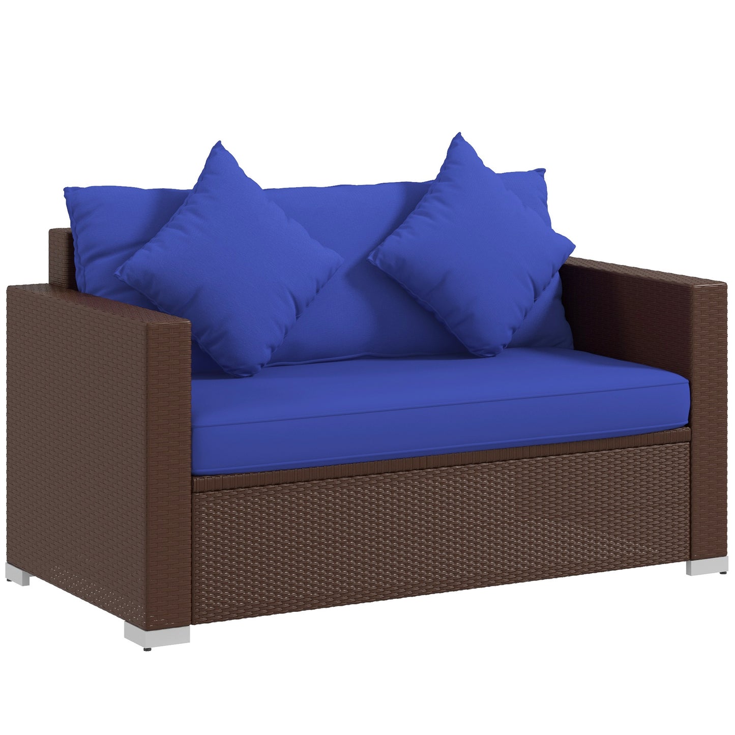 Outsunny Patio Wicker Loveseat with Cushions, 2-Seat Outdoor PE Rattan Couch Sofa with Throw Pillows, for Porch, Backyard, Garden, Poolside, Blue