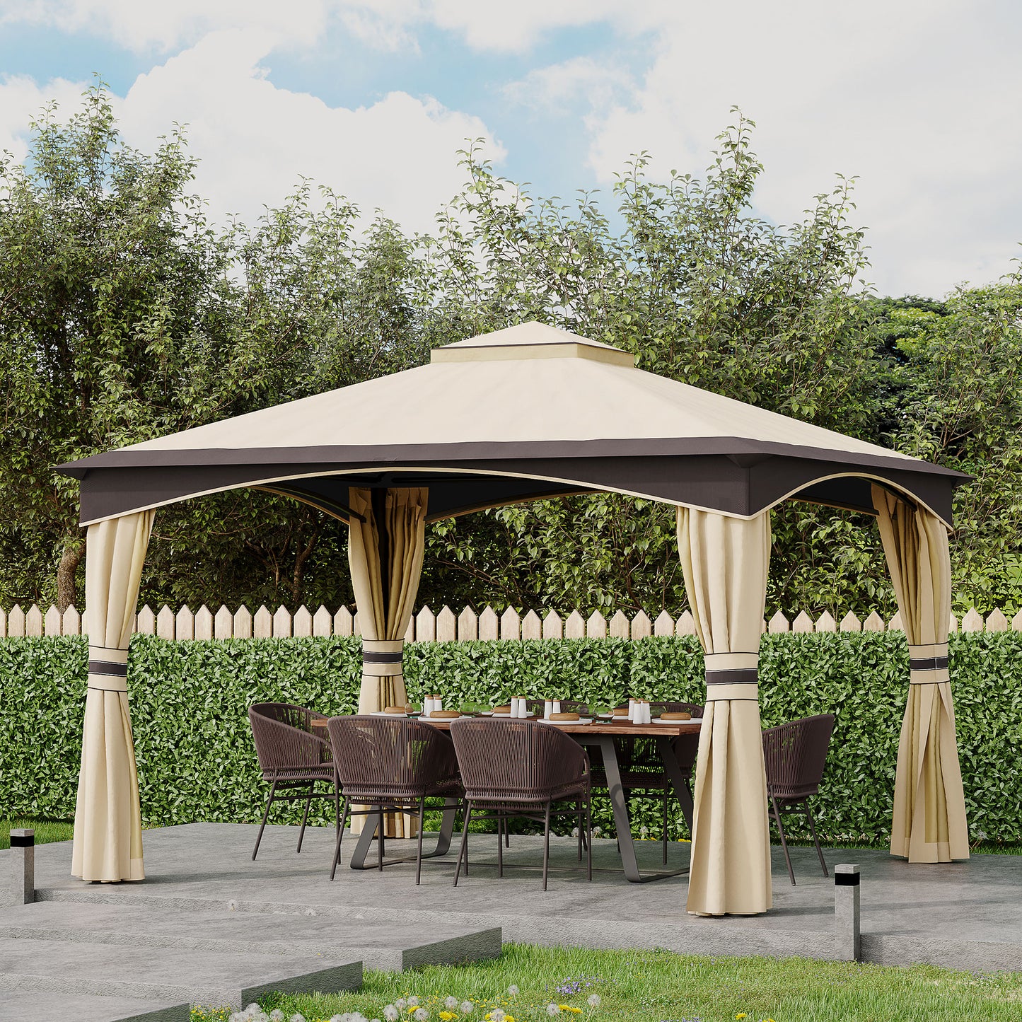 Outsunny 10' x 12' Patio Gazebo - Steel Frame, Beige & Brown Canopy