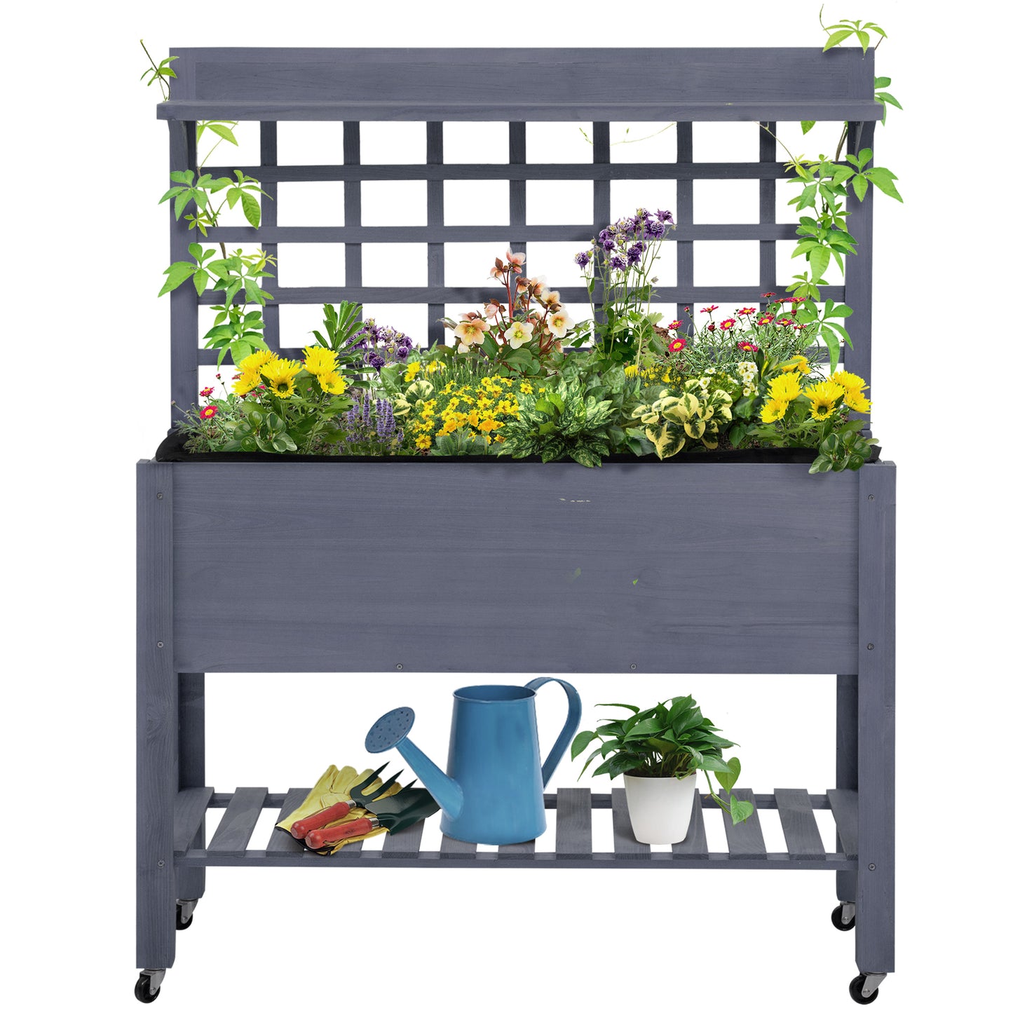 Outsunny 41" Raised Garden Bed with Trellis - Gray Wood Planter Box on Wheels