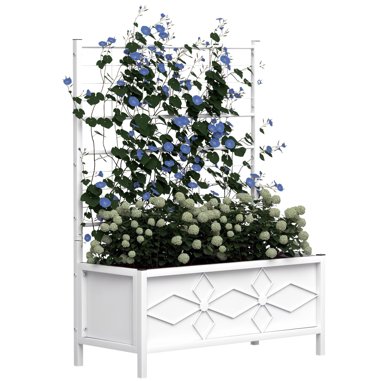 Outsunny Galvanized Raised Garden Bed with Trellis for Climbing Vines Vegetables Flowers, Outdoor Planter Box, 35.4" x 15.7" x 47.2", White